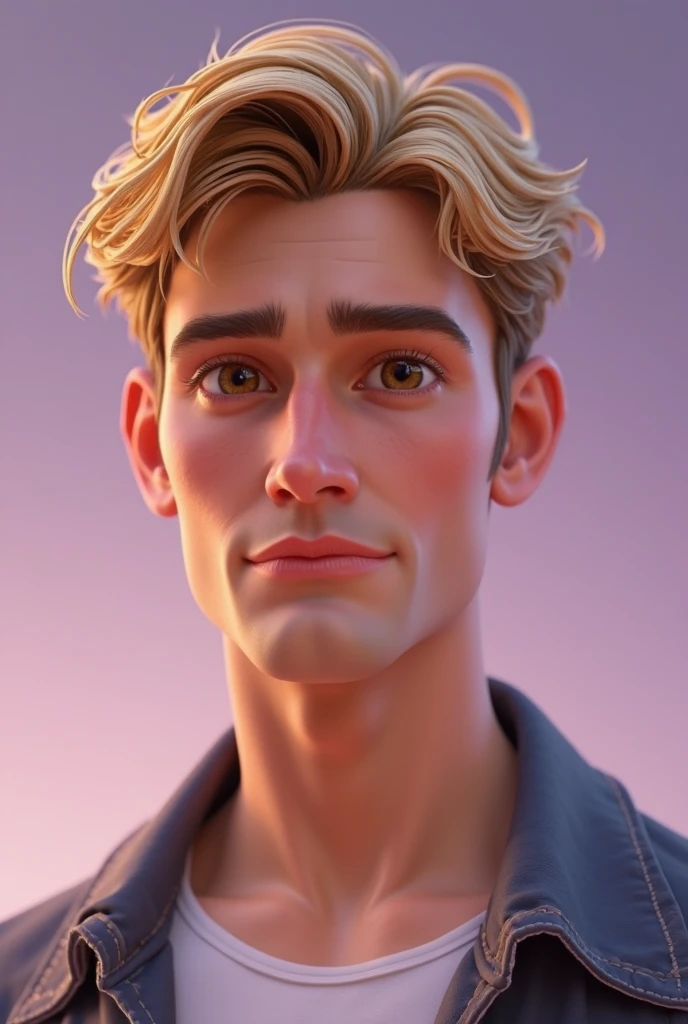 3D rendering in Disney Pixar style , A beautiful man, White , short blond hair , brown eyes, smooth lilac background .