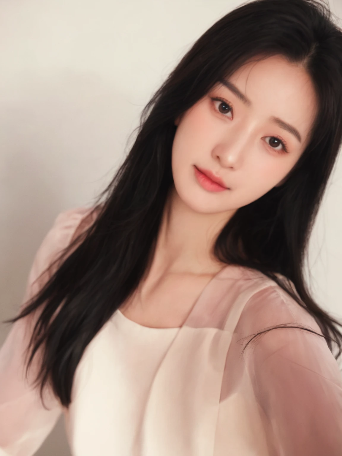 (large round breasts: 1.6), very delicate and beautiful, masterpiece, highest quality, ultra high resolution, 16k, photorealistic, ultra detail, narrow eyes, 1 girl, all white, forehead, black hair , solo, ((very voluptuous glamor)), narrow slit eyes, dark eyes, sparkling eyes, black hair, gloves, dress, luxurious jewelry, earrings, piercing eyes, elbow grooves, hair tied back with hands raised, transparent Demi - cup off-shoulder bra in random colors, transparent short dress in random colors, long eye makeup, narrow eyes, smile, lipstick, complex petal pattern, rim light, backlight, pastel color, studio lighting.