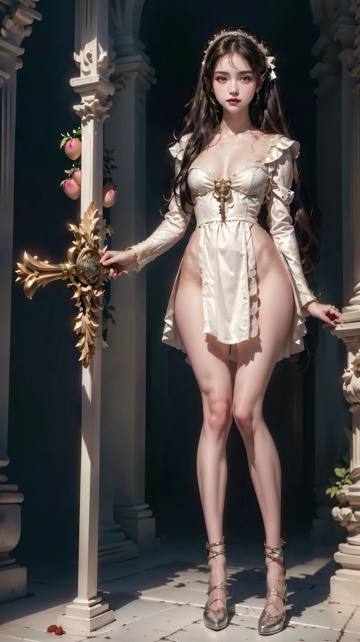 there is a girl in a  White  dress and bunny ears holding a key,  inspired by Li Chevalier ,  White  monochrome color!!!!!,  dressed as a clergyman , !!full body portrait!!, twintails  White _shezfe , fancy dress,  rococo ivory ,  White !!, ((wearing aristocratic robe)), Royal Gothic ,  White  puffy outfit,  White  dress!! with silver hair, (full body:1.8), (upper body:0.3), (hyper Realistic:1.4), (Realistic:1.3), (best quality real textured skin), detailed eyes,  detailed face taster, Persephone, (sfw:1.5) HyperRealistic, LESS saggy breasts, (small breasts:1.5), (huge legs:1.5), (LESS THIGHS:1.5), perfect legs, perfect legs, pernas added , pernas added  e perfeitas, shapely legs,  shapely thighs, pernas added , Smooth thighs. ( erotic pose :1.5), ( thick eyebrows :1.2), (Big purple eyes:1.2), (ultra detailed eyes:1.4), ( high resolution eyes:1.1), (ultra detailed skin texture:1.4), (Beautiful toned body:1.1), hair bow, ( moist skin:1.1), (sexy face:1.5), (tanned, Muscular, , ,  , ,  s pequenas, character SD:1.5), (SD character:1.5), (SD, character:3.0), small person, little person, dwarf, belle, PERSEPHONE 