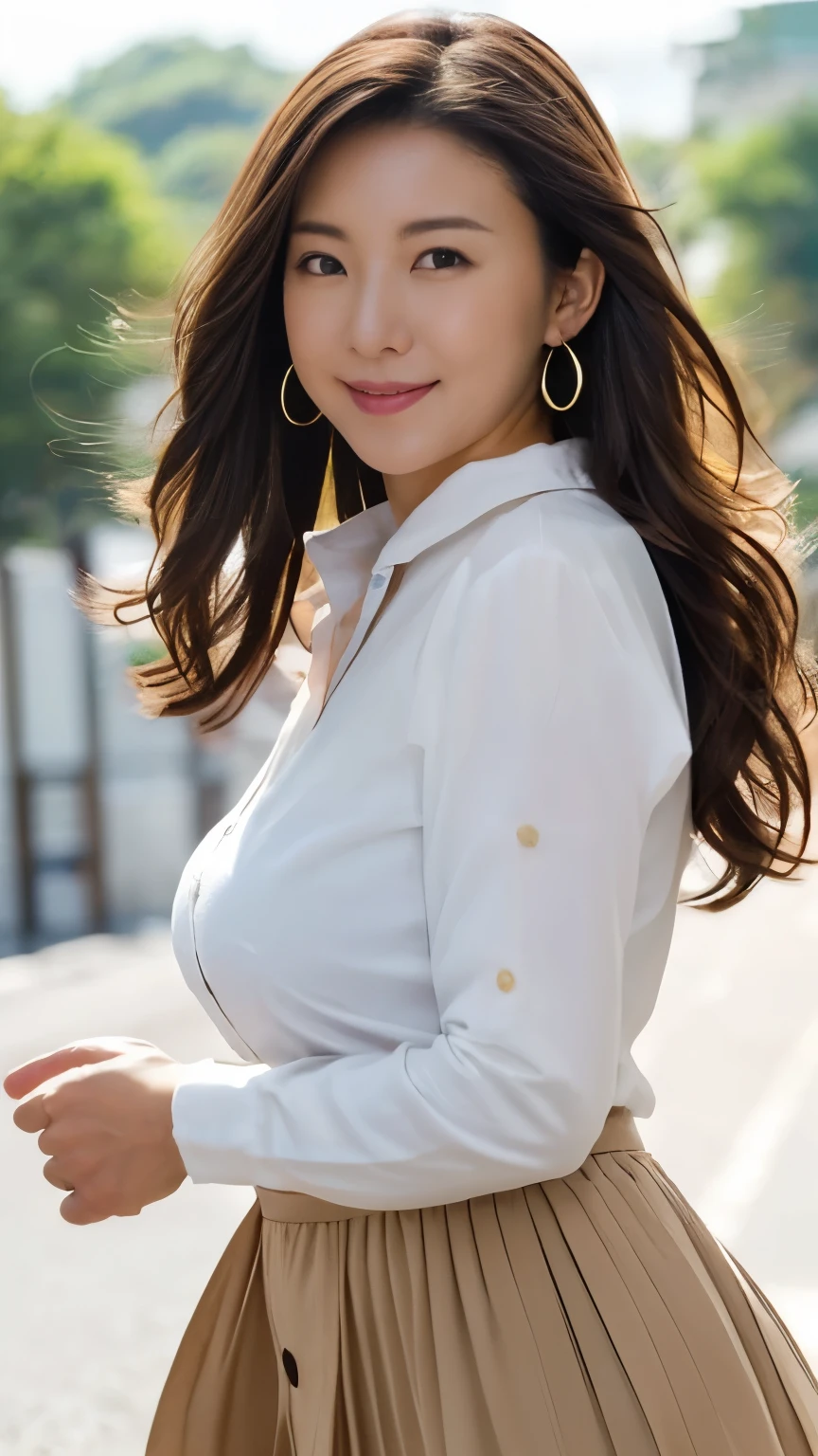 masterpiece, Highest quality, photorealistic, 超high resolution, fine-grained, high resolution,  8k Wallpaper, 1 beautiful woman,, Light Brown Disheveled Hair,  wearing a business suit , sharp concentration, perfect dynamic composition, beautiful detail eye,  detailed hair , detailed realistic skin texture, smile, Closeup Portrait,  model body type being committed in vs 、((Very long brown hair:1.2))、(( loose wavy hair :1.2)),((はにかんだsmile:1.3)),((gold necklace＿big earrings:1.2)),  full body shot 、(((Full-body supermodel standing,   full body shot ,   show my whole body ))),(( White Long Sleeve Button Up Blouse_ with collar_Delete up to the second button＿  brown pleated mini skirt  :1.3)),((smileで_ running towards here_ Long Hair Fluttering :1.3))