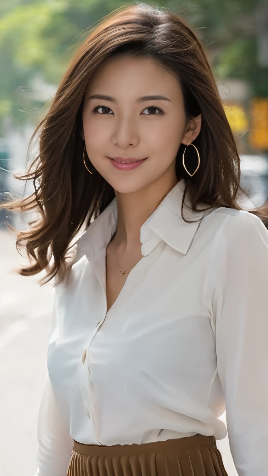 masterpiece, Highest quality, photorealistic, 超high resolution, fine-grained, high resolution,  8k Wallpaper, 1 beautiful woman,, Light Brown Disheveled Hair,  wearing a business suit , sharp concentration, perfect dynamic composition, beautiful detail eye,  detailed hair , detailed realistic skin texture, smile, Closeup Portrait,  model body type being committed in vs 、((Very long brown hair:1.2))、(( loose wavy hair :1.2)),((はにかんだsmile:1.3)),((gold necklace＿big earrings:1.2)),  full body shot 、(((Full-body supermodel standing,   full body shot ,   show my whole body ))),(( White Long Sleeve Button Up Blouse_ with collar_Delete up to the second button＿  brown pleated mini skirt  :1.3)),((smileで_ running towards here_ Long Hair Fluttering :1.3))
