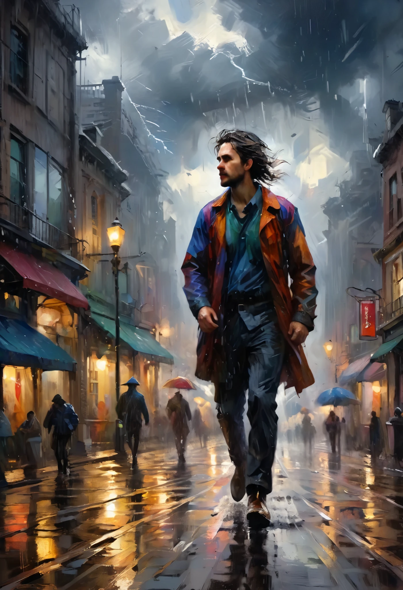 ultra detailed, absolutely resolution, masterpiece, highly detailed, sharp focus, vivid colors, soft lighting, cinematic composition, Pushing through the storm, the wind and rain blowing from the front, hard walking
