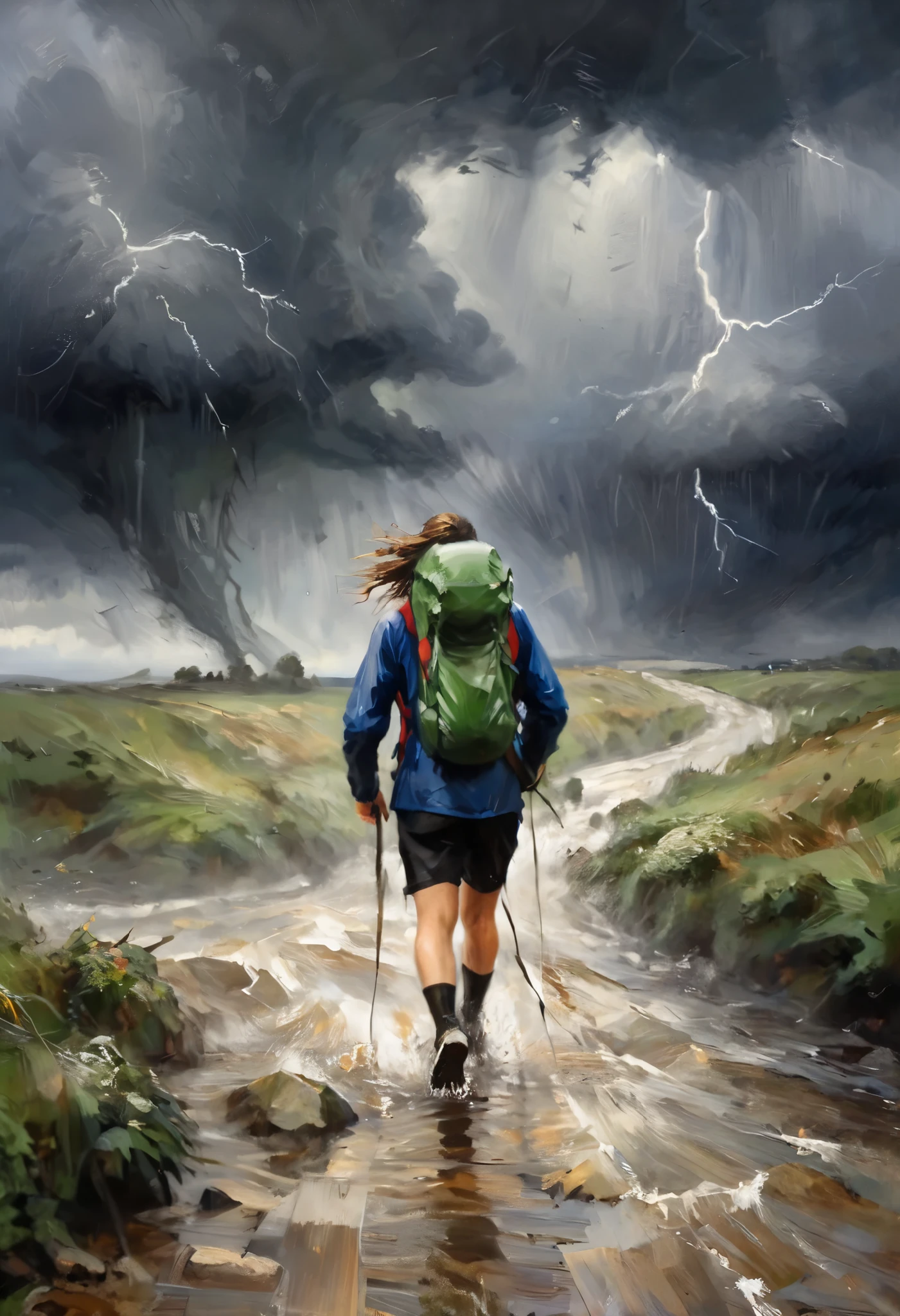 Pushing through the storm, the wind and rain blowing from the front, hard walking