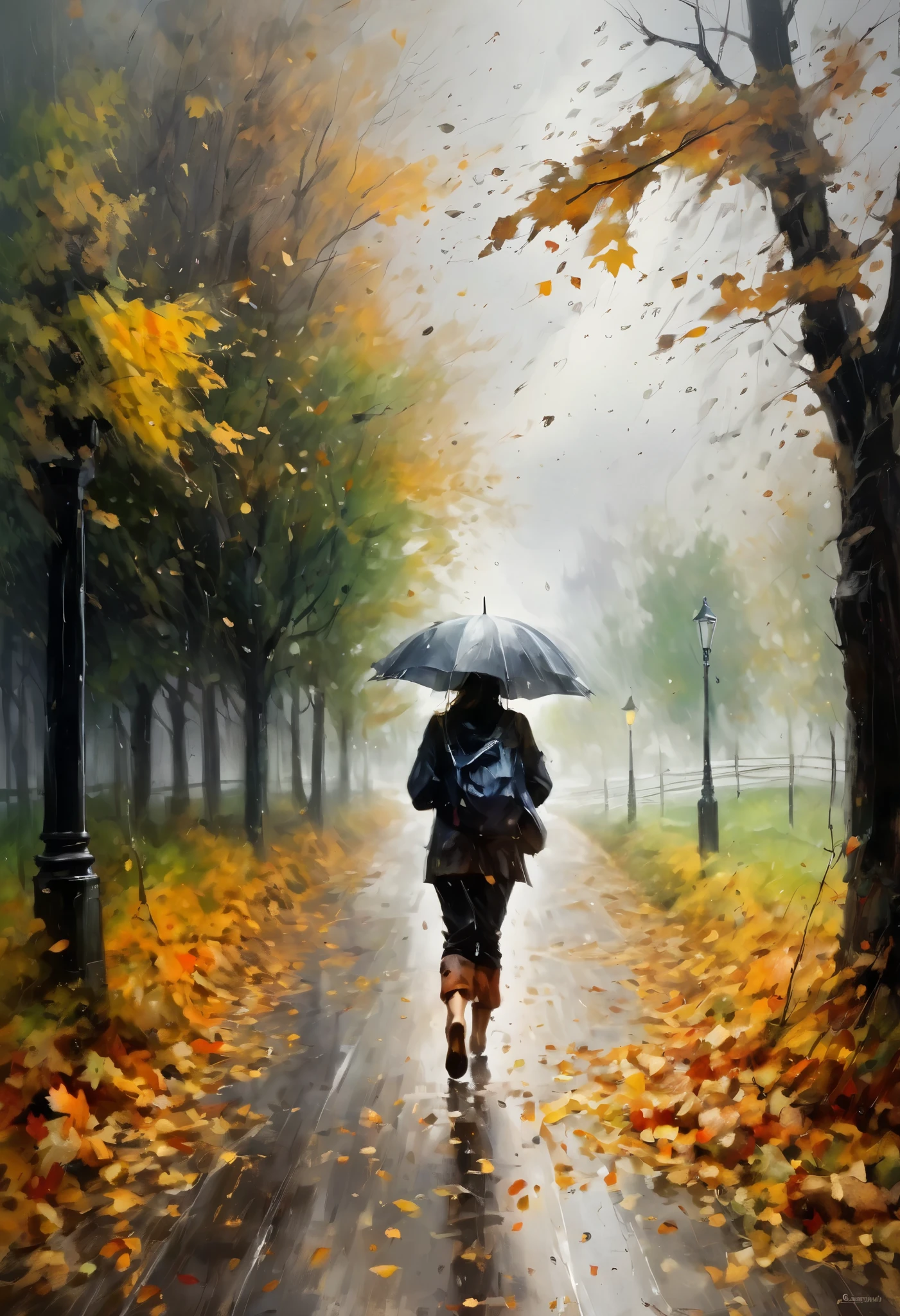 Pushing through the storm, the wind and rain blowing from the front, hard walking, falling leaves