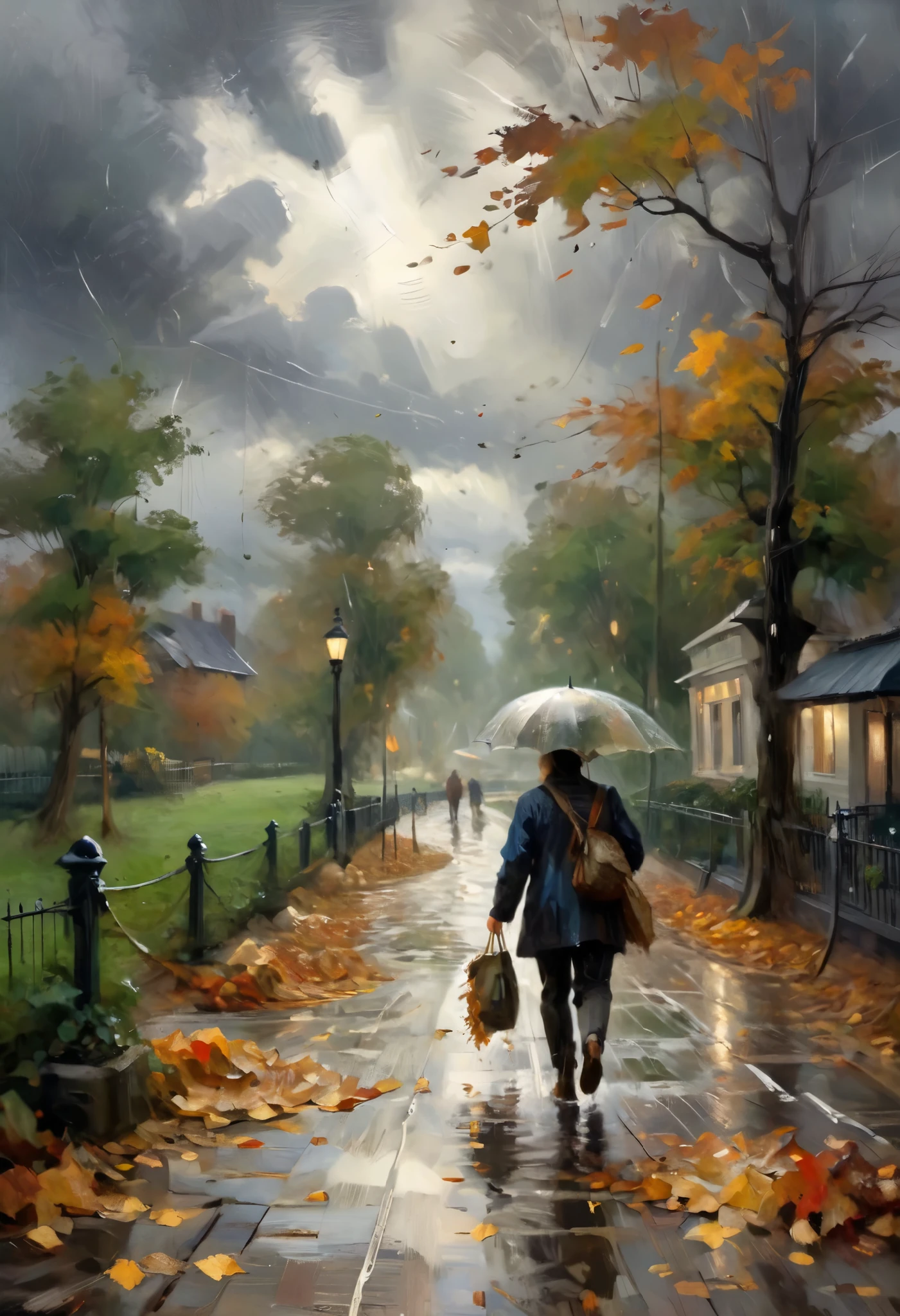 Pushing through the storm, the wind and rain blowing from the front, hard walking, falling leaves