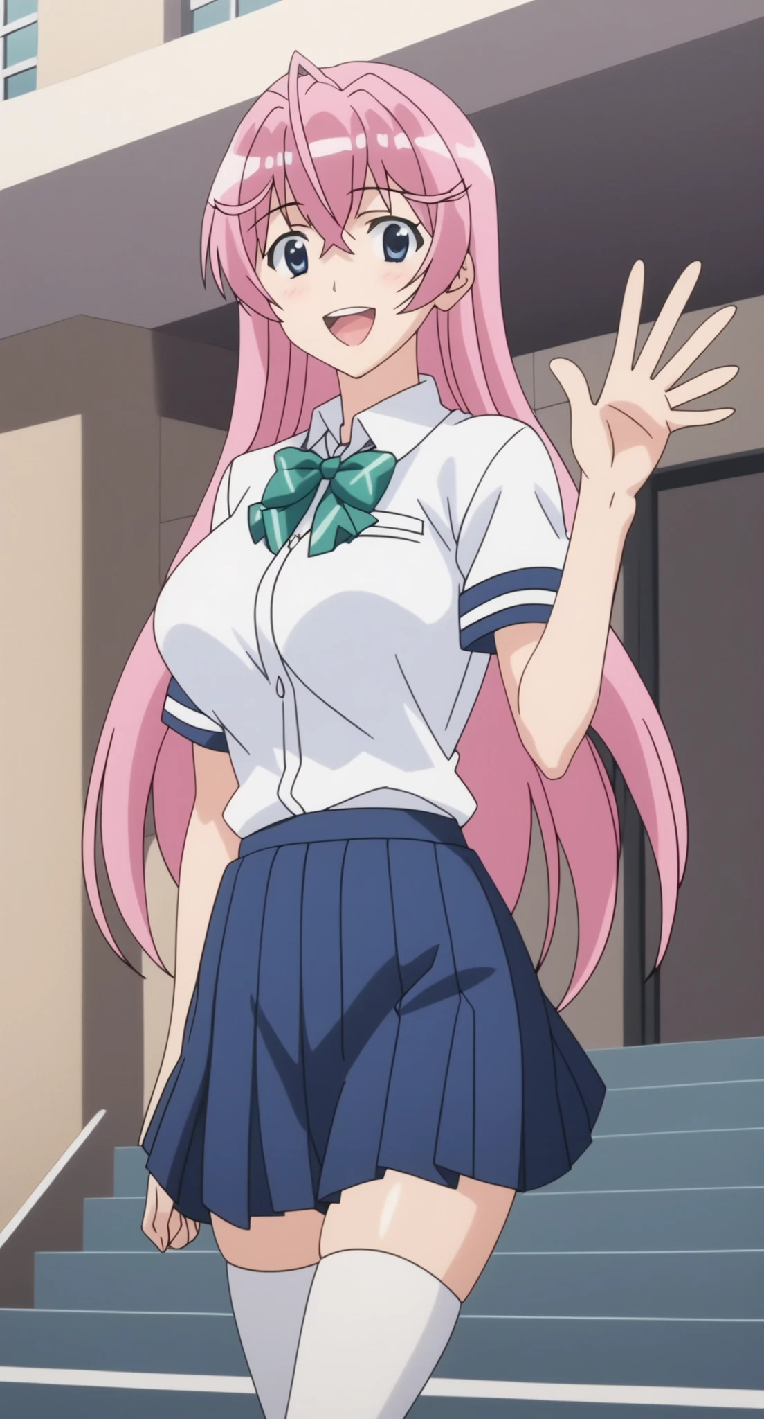 score_9, score_8_up, score_7_up, BREAK source_anime,best quality, masterpiece,anime screencap,source_anime,(ai-generated:0.8),

best quality, very aesthetic,absurdres,

otmn,

1girl,solo,

pink hair,

large breasts,

smile,happy,v,

 white shirt,school uniform,short sleeves, red colored pleated skirt, green colored bowtie, white thighhighs, 

spoken heart, 

standing,waving, 

in school,