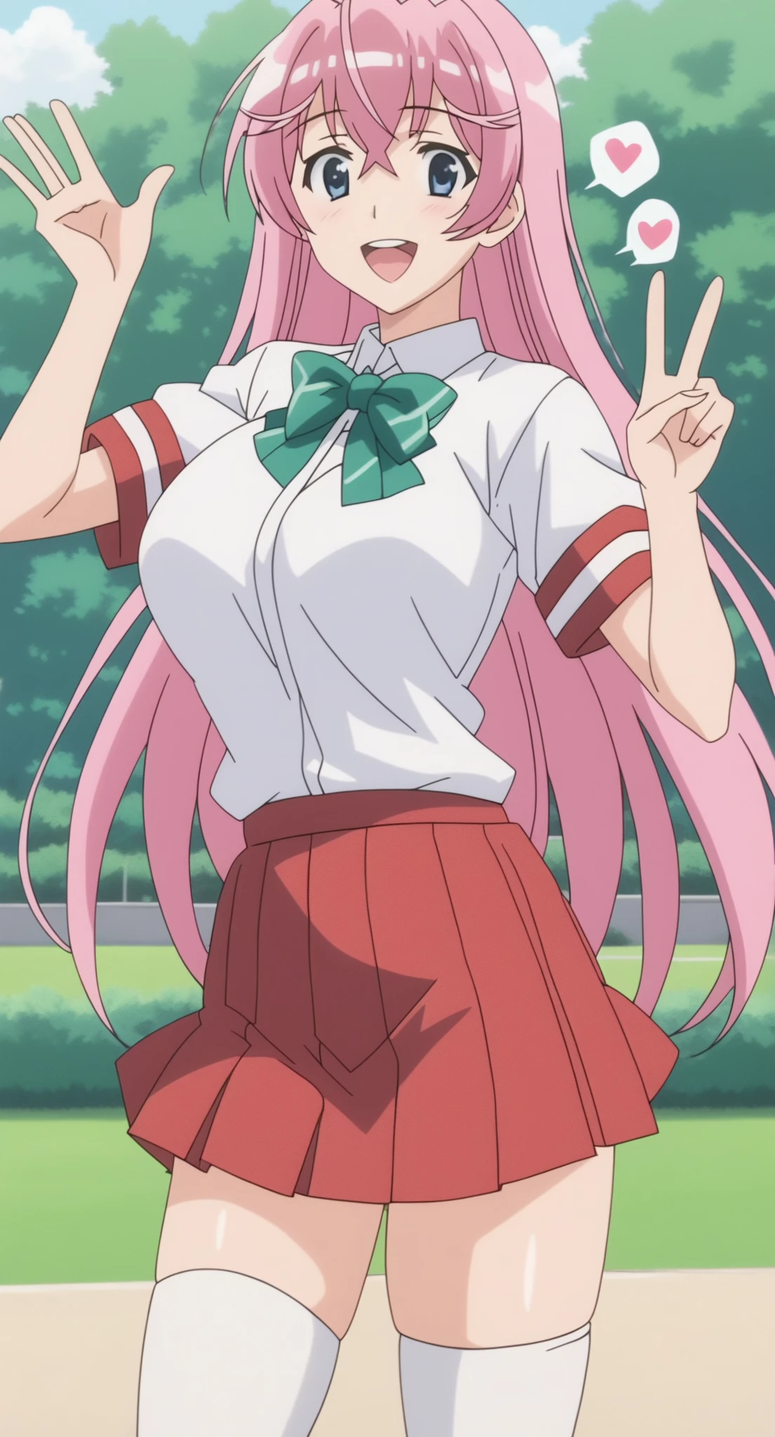 score_9, score_8_up, score_7_up, BREAK source_anime,best quality, masterpiece,anime screencap,source_anime,(ai-generated:0.8),

best quality, very aesthetic,absurdres,

otmn,

1girl,solo,

pink hair,

large breasts,

smile,happy,v,

 white shirt,school uniform,short sleeves, red colored pleated skirt, green colored bowtie, white thighhighs, 

spoken heart, 

standing,waving, 

in school,