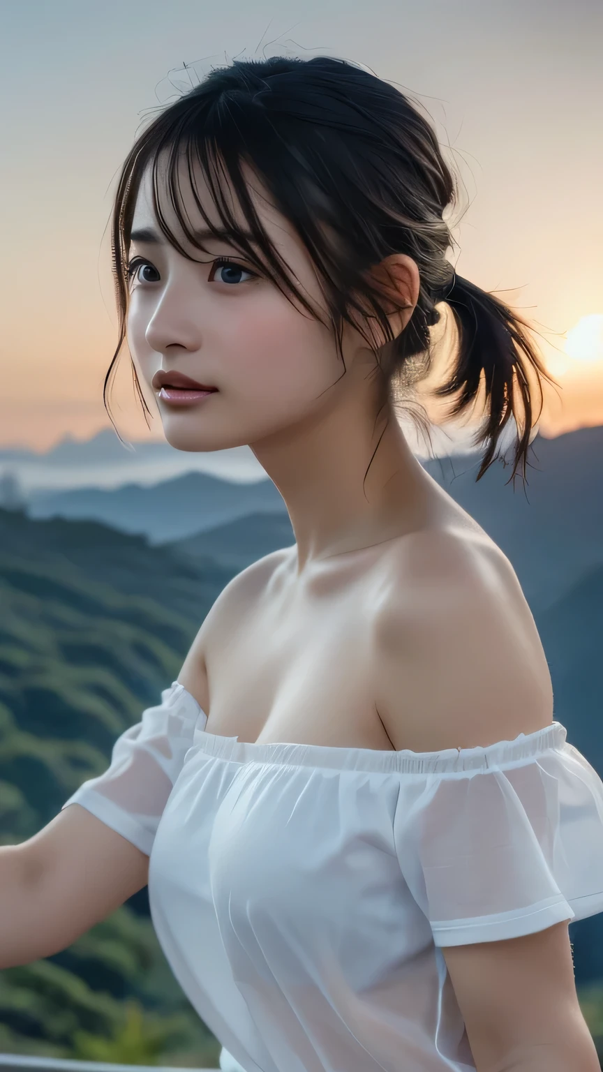 topクオリティ , masterpiece, super high heels , ( by Mr. Nomi:1.3), RAW photo, ( Nature landscape photography ), ( Majestic Mountain 々 top, Sea of clouds ), (とても大きな山 top), (sunset), ( one girl), ( upper body), (20 years old), (smile:0.9), ( shiny skin), ( Dumpling、ponytail, dark brown hair ), ( loose fit white sheer t-shirt ), ( tight casual super mini ),( off-shoulder )、 ( of shirt dresses very well detailed face), ( nipple erection kick :1.2), ( Extreme Precision Eyes), ( Very detailed nose), ( Extreme Precision Eyes), ( Expertise ), ( of shirt dresses very well detailed ), Sony a7, 85mm Lens , f9.0, Pan Focus
、 I have high quality lace panties 、( The top is 、 facing the camera、 face forward 、face to face:1.3)、( nurse clothes)、( side view)