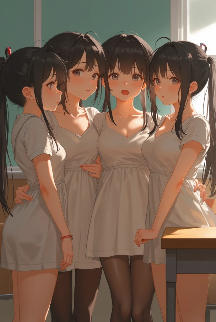 (masterpiece,best quality,high quality,ultra detailed,extremely detailed,ultra high res,best aesthetic,8k),(((clothing stripped))),(((nude))),(mature,15yo,beautiful girl,cute girl),(((beautiful black eyes))),((beautiful black hair,medium hair,straight hair)),(((nose blush,sweat,open mouth))),(((in classroom))),(((middle breast))),(((nude)),(((White see-through camisole))),(((3girls)))