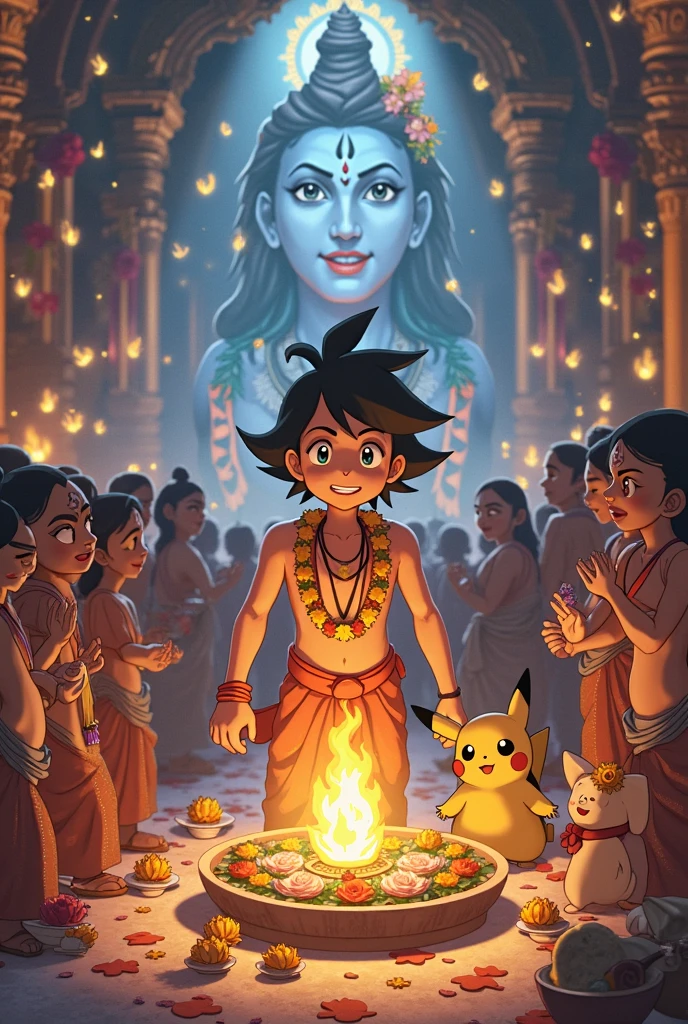 In Cinematic 3d style cartoon 
The village of Gokul under a cloudy sky, with villagers watching in fear as the demoness Putana, disguised as a beautiful woman, tries to nurse  Krishna. The scene quickly shifts to a fierce battle, where Krishna reveals his divine form and defeats Putana, who transforms back into her terrifying demonic form. The atmosphere is intense, with dark shadows and a sense of impending danger.