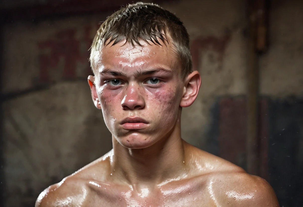 White boy, 18 years old, naked body, bloody face, on his knees, looking sadly up, in a boxing ring