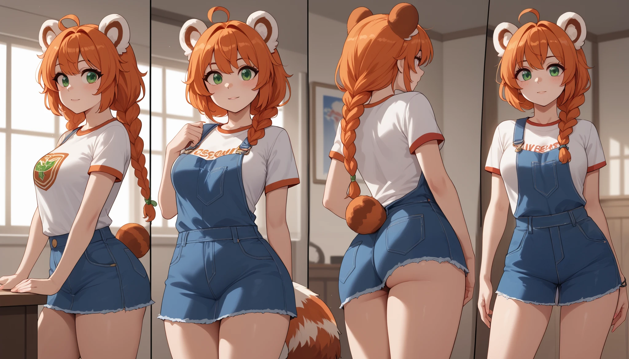 (Masterpiece) (High Detail) (High Res) A short curvy slim Humanoid red_panda Female with tanned human skin and bright green eyes and long braided orange hair and fluffy orange red_panda ears and a long fluffy red_panda tail and medium breasts. Comic Strip. Comic Book. Story Board. She is showing off different outfits. A bikini. A denim overalls. A t-shirt and skirt. A soccer kit.