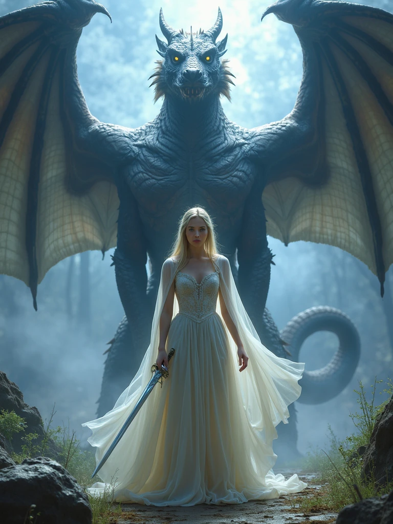 a Goddess like woman posing between two large dragons,medieval,stormy sky