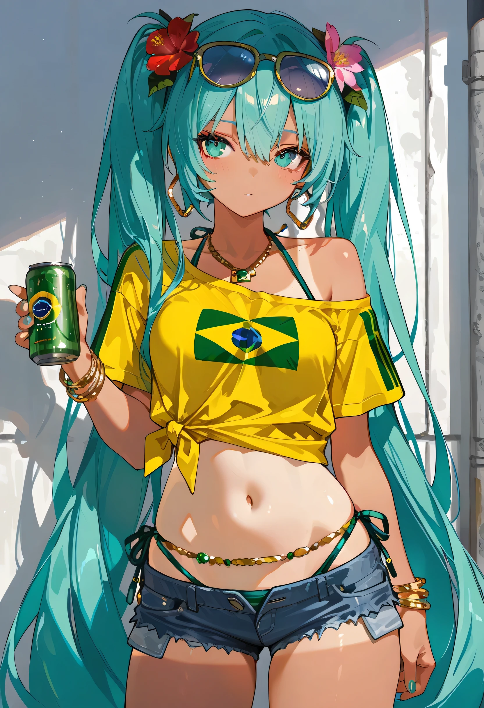 748cmstyle, perfect fingers, five fingers, masterpiece, Hatsune Miku, masterpiece, Hatsune Miku, brmeek, twintails, very long hair, dark-skinned female, tanlines,
holding can,
hair flower, hoop earrings, eyewear on head, necklace, yellow shirt, midriff, jewelry, belly chain, bracelet, bikini under clothes, side-tie bikini bottom, short shorts, denim,
brazilian flag print,
single bare shoulder, side tie, tied shirt,