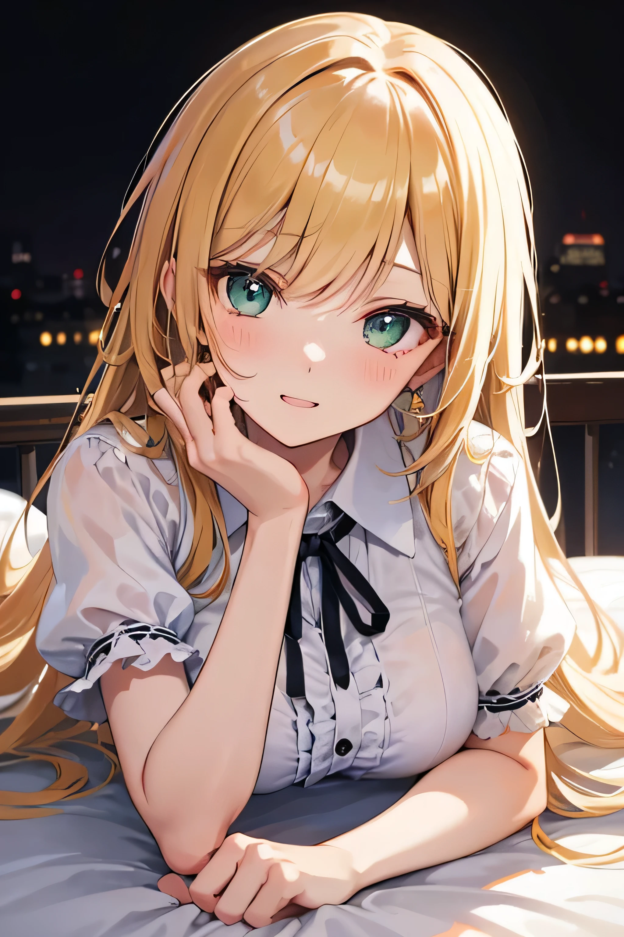 20 year old beautiful girl。long hair。
Her hair is blonde.。
eye color is green。
The figure is glamorous 。Big bust 。
blushes with estrus 、ecstatic expression。
I'm wearing a white blouse shirt。
wearing black lingerie。
The design is richly decorated with ruffles and embroidery。
The fabric is minimal。Too much exposed skin。
The background is a Western-style bed。
Time: Night。
has a fantastic atmosphere 。
the girl is lying on the bed 。