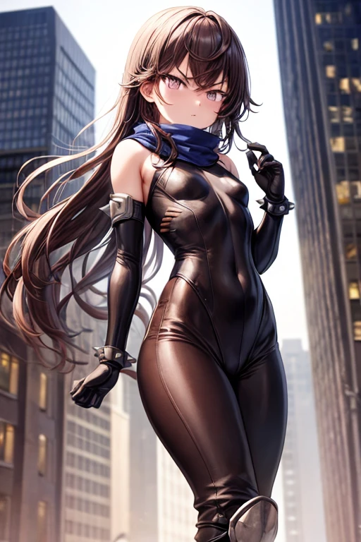 1 woman, solo, superhero, leotard, bare legs, boots, gloves, full body, standing, city backdrop, depth of field, cowboy shot, Aura, particles, age 21, heroic, hand on hip