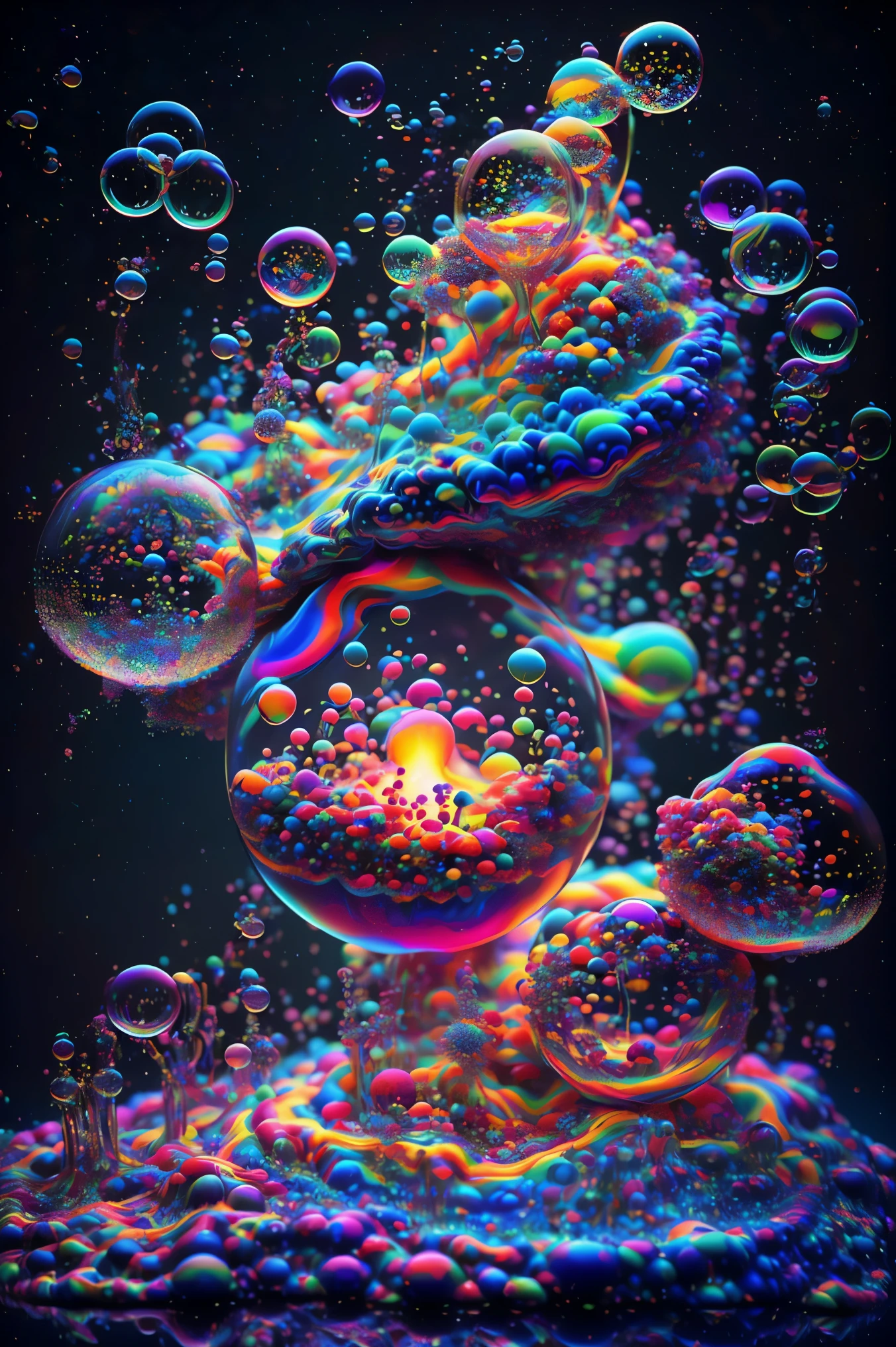 A close up of beautiful bubbles floating on top of each other, LSD, DMT imagery. octane render, psychedelic droplets of water, abstract liquid, and intricate rainbow art. octane render, black 3d fluid simulation,  ethereal bubbles, swirling liquids, and highly detailed, octane render, reflective rainbow bubbles, twisted colors inside of glass spheres, Psilocybin Dream inside an amazing image of light emerging from colors in a shimmering glass morphing out of colors, bright neon and fluorescent colors,very bright, vibrant colors, perfectly formed and symmetrical reflective bubbles and spheres, attention to detail with these beautiful bubbles and spheres, Extreme Hallucinations in a gorgeous piece of  psychedelic digital artwork, Stunning, pixel art, tripped out colors, 4d mandelbulb psychedelics, glass like psychedelic landscape, intricate rainbow environment, psychedelic underwater brightness and glow with neon colors, glowing colors twist inside of translucent glass spheres and bubbles with light and color reflecting off of both in bright fluorescent colors, psychedelic trip, fluorescent and neon aesthetic, psychedelic vibrant colors, bright psychedelic paint splattered backgrounds,swirling spirals and vortex, bright vibrant colors popping out from 3d glass spheres, Rotational Symmetry, Pixel Assets, Portrait photography, Surrealism, Photorealistic, Hyperdetailed, Glass Morphism, Digital Art, Sparkle, Optical Illusion, Glowing Light, Reflective Light, Overexposure, Backlighting, Depth Of Field, Spheres and bubbles show perfect Symmetry, UHD, High Details, High Quality, Super Detailed, Full Focus, Awe inspiring, Shockingly unique wallpaper art, Breathtaking, Indescribably Beautiful, Heaven sent images, Best Quality, Award Winning, MasterpieceA close up of beautiful bubbles floating on top of each other, LSD, DMT imagery. octane render, psychedelic droplets of water, abstract liquid, and intricate rainbow art. octane render, black 3d fluid simulation,  ethereal bubbl