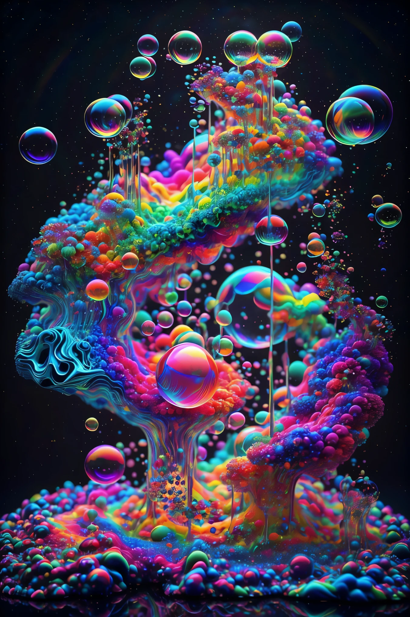 A close up of beautiful bubbles floating on top of each other, LSD, DMT imagery. octane render, psychedelic droplets of water, abstract liquid, and intricate rainbow art. octane render, black 3d fluid simulation,  ethereal bubbles, swirling liquids, and highly detailed, octane render, reflective rainbow bubbles, twisted colors inside of glass spheres, Psilocybin Dream inside an amazing image of light emerging from colors in a shimmering glass morphing out of colors, bright neon and fluorescent colors,very bright, vibrant colors, perfectly formed and symmetrical reflective bubbles and spheres, attention to detail with these beautiful bubbles and spheres, Extreme Hallucinations in a gorgeous piece of  psychedelic digital artwork, Stunning, pixel art, tripped out colors, 4d mandelbulb psychedelics, glass like psychedelic landscape, intricate rainbow environment, psychedelic underwater brightness and glow with neon colors, glowing colors twist inside of translucent glass spheres and bubbles with light and color reflecting off of both in bright fluorescent colors, psychedelic trip, fluorescent and neon aesthetic, psychedelic vibrant colors, bright psychedelic paint splattered backgrounds,swirling spirals and vortex, bright vibrant colors popping out from 3d glass spheres, Rotational Symmetry, Pixel Assets, Portrait photography, Surrealism, Photorealistic, Hyperdetailed, Glass Morphism, Digital Art, Sparkle, Optical Illusion, Glowing Light, Reflective Light, Overexposure, Backlighting, Depth Of Field, Spheres and bubbles show perfect Symmetry, UHD, High Details, High Quality, Super Detailed, Full Focus, Awe inspiring, Shockingly unique wallpaper art, Breathtaking, Indescribably Beautiful, Heaven sent images, Best Quality, Award Winning, MasterpieceA close up of beautiful bubbles floating on top of each other, LSD, DMT imagery. octane render, psychedelic droplets of water, abstract liquid, and intricate rainbow art. octane render, black 3d fluid simulation,  ethereal bubbl
