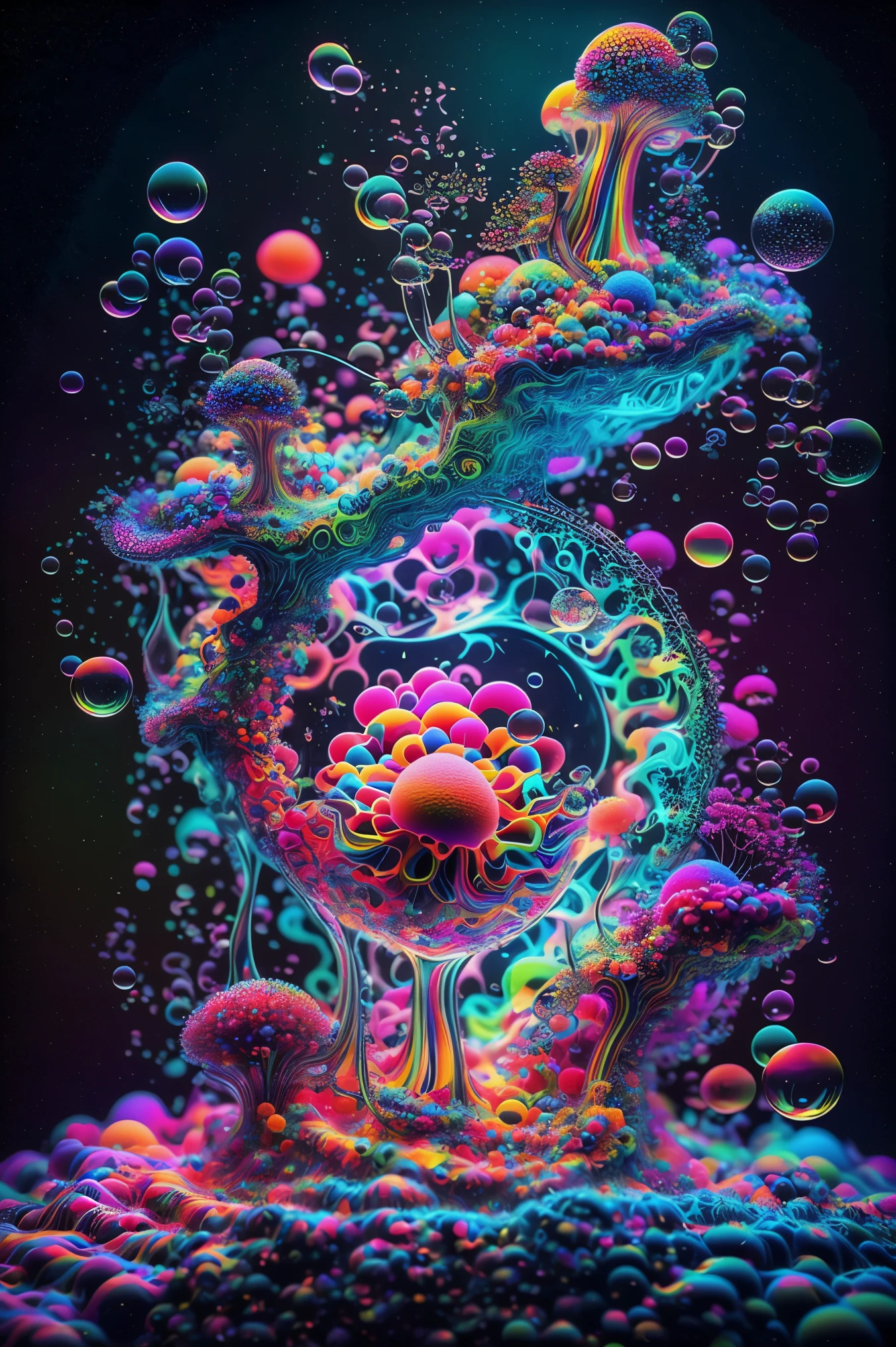 A close up of beautiful bubbles floating on top of each other, LSD, DMT imagery. octane render, psychedelic droplets of water, abstract liquid, and intricate rainbow art. octane render, black 3d fluid simulation,  ethereal bubbles, swirling liquids, and highly detailed, octane render, reflective rainbow bubbles, twisted colors inside of glass spheres, Psilocybin Dream inside an amazing image of light emerging from colors in a shimmering glass morphing out of colors, bright neon and fluorescent colors,very bright, vibrant colors, perfectly formed and symmetrical reflective bubbles and spheres, attention to detail with these beautiful bubbles and spheres, Extreme Hallucinations in a gorgeous piece of  psychedelic digital artwork, Stunning, pixel art, tripped out colors, 4d mandelbulb psychedelics, glass like psychedelic landscape, intricate rainbow environment, psychedelic underwater brightness and glow with neon colors, glowing colors twist inside of translucent glass spheres and bubbles with light and color reflecting off of both in bright fluorescent colors, psychedelic trip, fluorescent and neon aesthetic, psychedelic vibrant colors, bright psychedelic paint splattered backgrounds,swirling spirals and vortex, bright vibrant colors popping out from 3d glass spheres, Rotational Symmetry, Pixel Assets, Portrait photography, Surrealism, Photorealistic, Hyperdetailed, Glass Morphism, Digital Art, Sparkle, Optical Illusion, Glowing Light, Reflective Light, Overexposure, Backlighting, Depth Of Field, Spheres and bubbles show perfect Symmetry, UHD, High Details, High Quality, Super Detailed, Full Focus, Awe inspiring, Shockingly unique wallpaper art, Breathtaking, Indescribably Beautiful, Heaven sent images, Best Quality, Award Winning, MasterpieceA close up of beautiful bubbles floating on top of each other, LSD, DMT imagery. octane render, psychedelic droplets of water, abstract liquid, and intricate rainbow art. octane render, black 3d fluid simulation,  ethereal bubbl