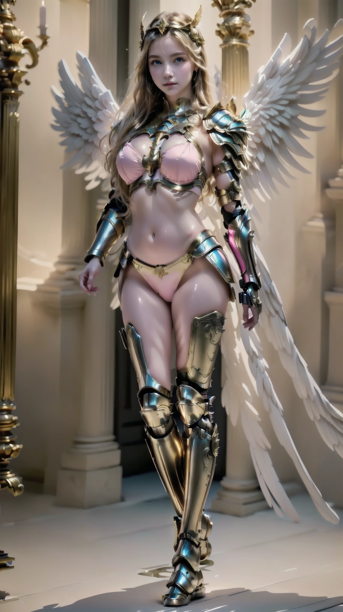 Mechanical style,Gold Theme, (1 mechanical female angel, anatomically correct, full body, naked, no clothing, w1 young girl, Amazing face and eyes, (extremely detailed beautiful face), (big breast wide open chest:1.3), (Best Quality:1.4), (Ultra-detailed), (Ultra realistic, photo-realistic:1.37)