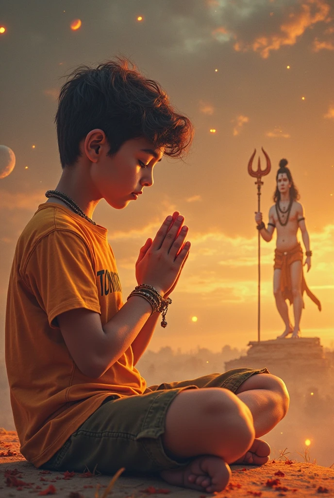 Please create A ager Man sitting front lord shiva in temple in yellow clothes