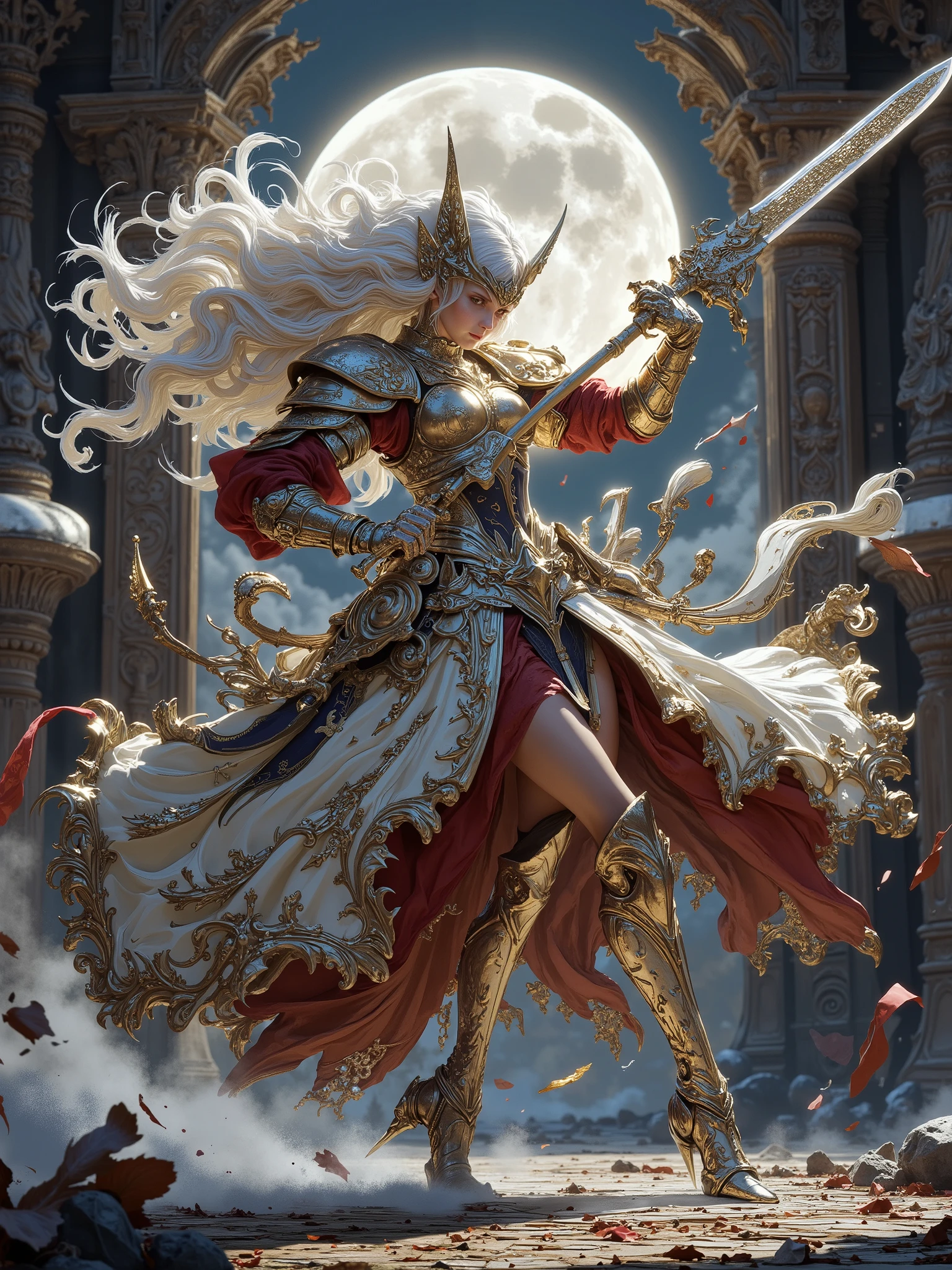 (Masterpiece:1.5,Top Quality:1.3,Amazing Quality:1.3), (Pulsating stance:1.3), (Anime Character), ((nsfw)), Solo, Full Length, Chiara, 1 Girl, ((Sexy cute girl:1.5)), White Skin, Silver Gauntlets, Silver Boots, Western sexy Armor, Shining Clothes, gleaming decorations, ((with gigantic  Axe type weapon:1.6)), ((dancing wildly, sword dance:1.8)), (Wielding a Axe weapon:1.5),pulsatile, The best of the Middle Ages, Female warrior, ready to fight, glamorous, White hair, gothic dress, muscular body, sophisticated and glittering medieval armor, beautiful, very precise and delicate animation, vivid colors, unreal world, fantasy delusion, ((full body view)), (((art background))),