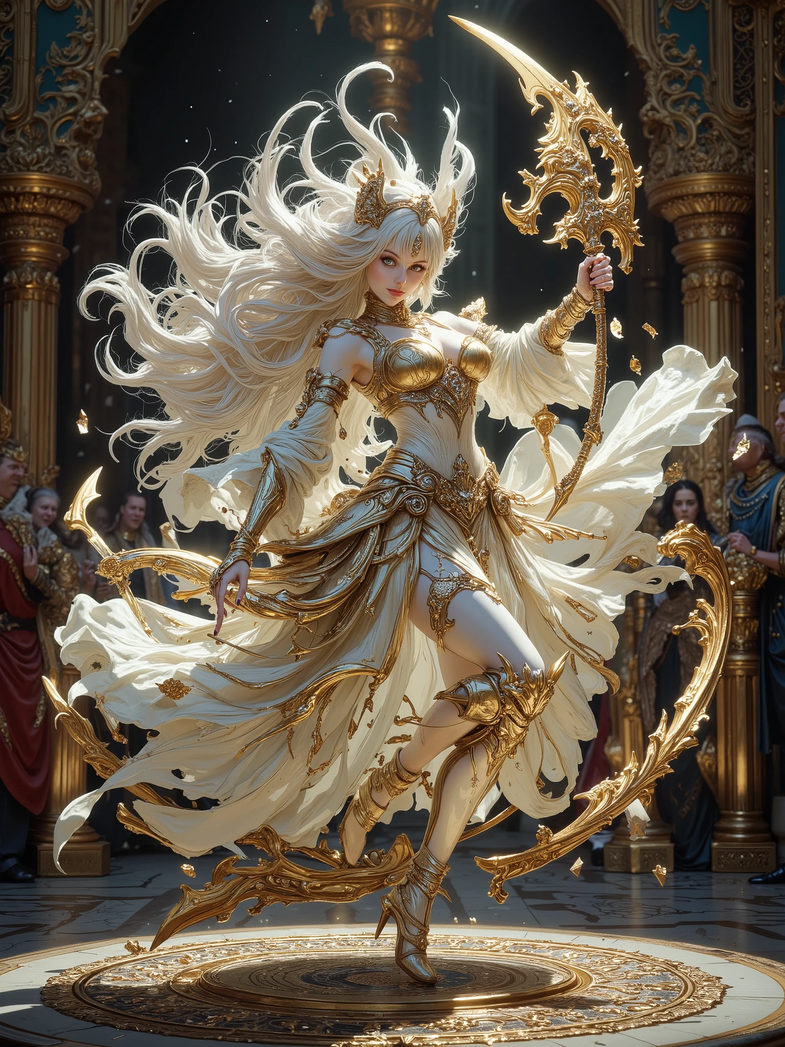 (Masterpiece:1.5,Top Quality:1.3,Amazing Quality:1.3), (Pulsating stance:1.3), (Anime Character), ((nsfw)), Solo, Full Length, Chiara, 1 Girl, ((Sexy cute girl:1.5)), White Skin, Silver Gauntlets, Silver Boots, Western sexy Armor, Shining Clothes, gleaming decorations, ((with gigantic Axe type weapon:1.6)), ((dancing wildly, sword dance:1.8)), (Wielding a Axe weapon:1.5),pulsatile, The best of the Middle Ages, Female warrior, ready to fight, glamorous, White hair, gothic dress, muscular body, sophisticated and glittering medieval armor, beautiful, very precise and delicate animation, vivid colors, unreal world, fantasy delusion, ((full body view)), (((art background))),