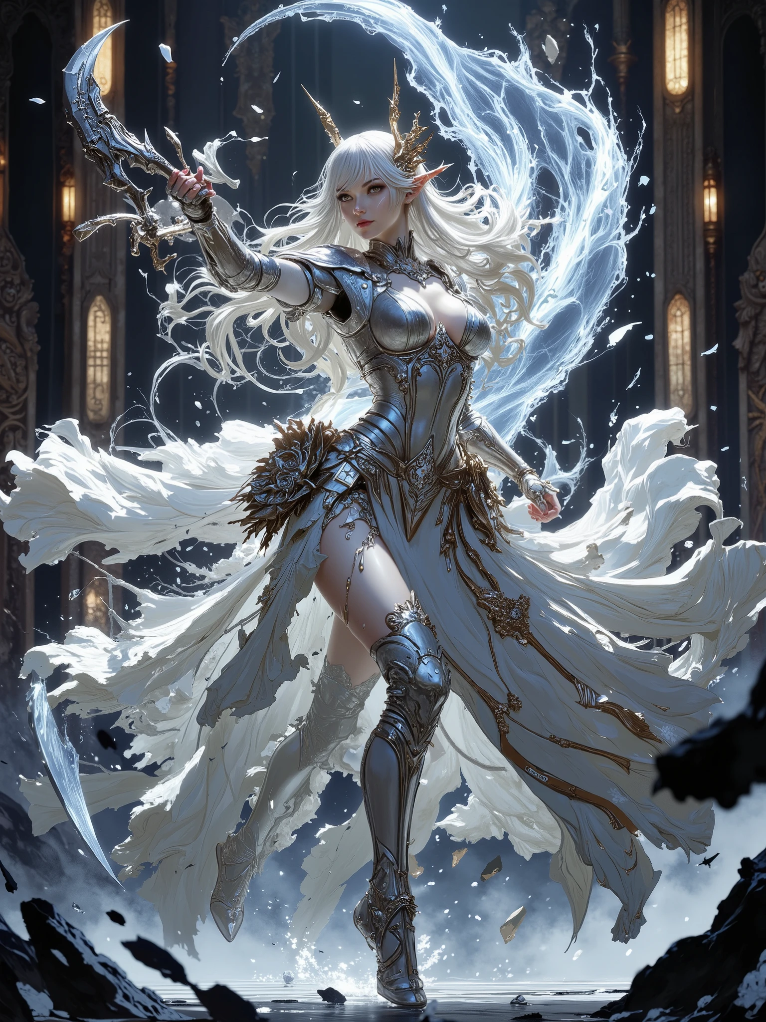 (Masterpiece:1.5,Top Quality:1.3,Amazing Quality:1.3), (Pulsating stance:1.3), (Anime Character), ((nsfw)), Solo, Full Length, Chiara, 1 Girl, ((Sexy cute girl:1.5)), White Skin, Silver Gauntlets, Silver Boots, Western sexy Armor, Shining Clothes, gleaming decorations, ((with gigantic Axe type weapon:1.6)), ((dancing wildly, sword dance:1.8)), (Wielding a Axe weapon:1.5),pulsatile, The best of the Middle Ages, Female warrior, ready to fight, glamorous, silver hair, gothic dress, muscular body, sophisticated and glittering medieval armor, beautiful, very precise and delicate animation, vivid colors, unreal world, fantasy delusion, ((full body view)), (((art background))),