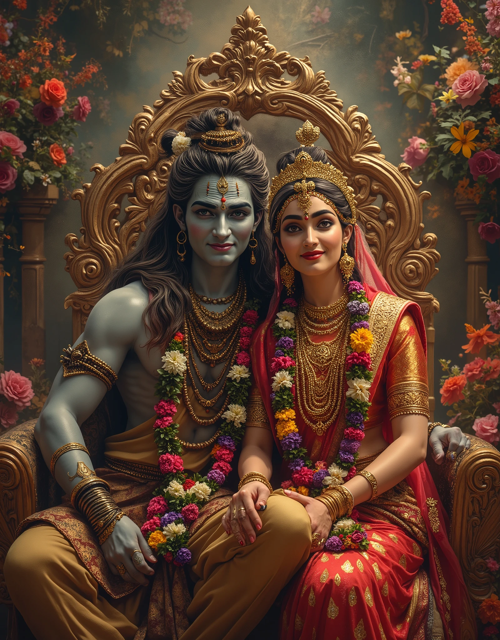 Long shot, (very handsome )Lord shiva ((blue skinned, wooden beads mala, rudraksh mala, matted black hair, groom costume, groom look)), sitting side by side on a throne with hindu Goddess Parvati ((fair skinned, red saree with gold embroidered, full sleeve aesthetic blouse, aesthetic clothes, heavy bridal jewelry, crown on head, indian makeup, bridal look)), both have beautiful flower garland ((varmala)) in their neck, bg decorated with flowers, front facing, looking at me, smiling faces, beautiful faces, 32k resolution, uhd, hyper detailed, oil painting style,