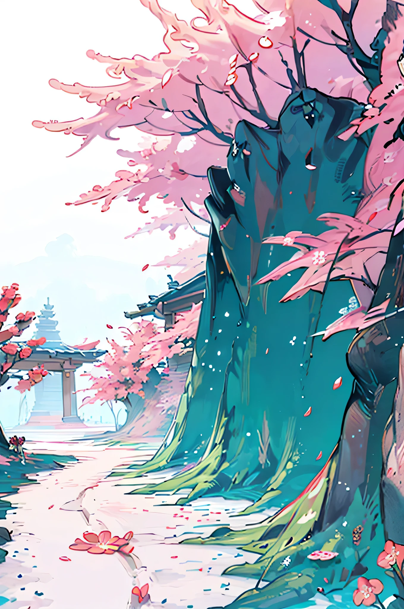 highdefinition images、Cherry Blossoms、 Light Pink Color 、Lobelia Flower Path、Blue-green