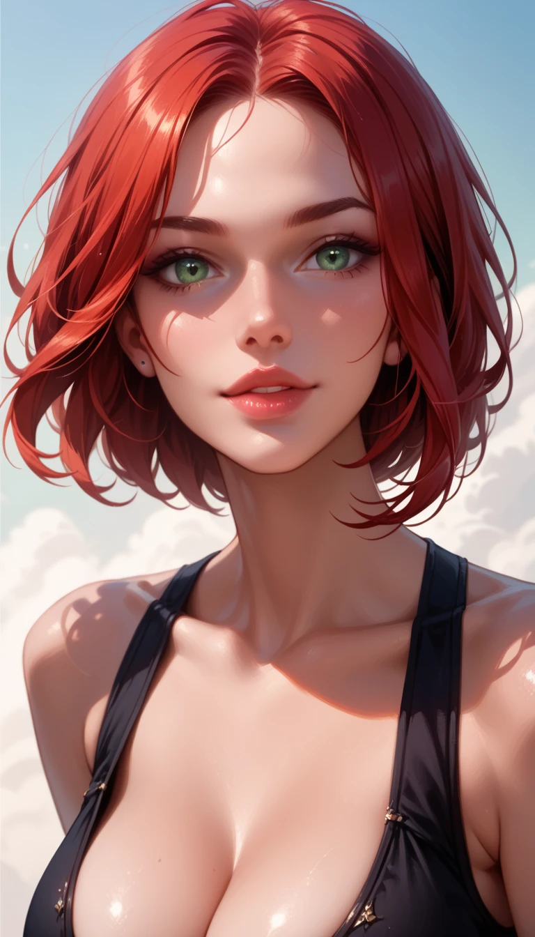 (high-level image quality), (high quality), (high resolution), (detailed), (masterpiece), beautiful woman, ((caucasian)), green eyes, red hair, short hair, dark red lipstick, slender body, perfect eyes, Detailed face,