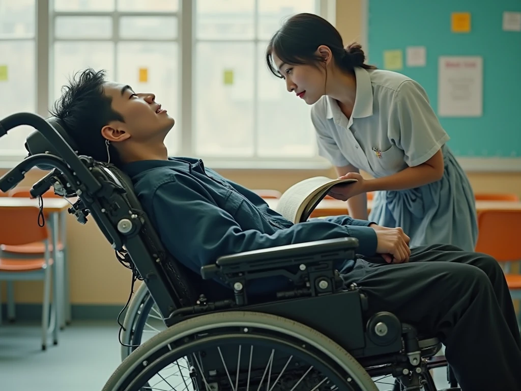 Make a promotional poster,A Chinese patient wearing a hospital gown and sitting in a wheelchair is in the middle of the poster,Chinese doctor、Nurse、Carers、Cleaning around the patient