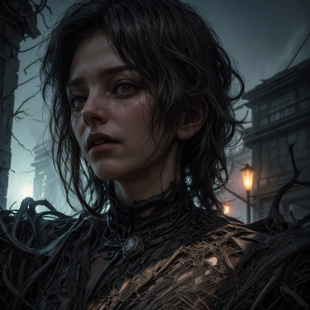 In the heart of a ruined and dark place, nestled within the depths of an ancient pyramid, lies a cadaverous woman of horror style. Her face, though perfectly sculpted with full lips and green eyes, is hidden beneath some white rags, resembling a mummy costume. The semi-short hair that frames her face is matted and tangled, adding to her eerie appearance. With a detailed and intricately textured face, her skin looks filthy yet preserved, as if frozen in time. A perfect body, shrouded in decay and mystery, emanates a chilling aura. Her eyes, dark pools of emotionless depth, seem to pierce through the darkness