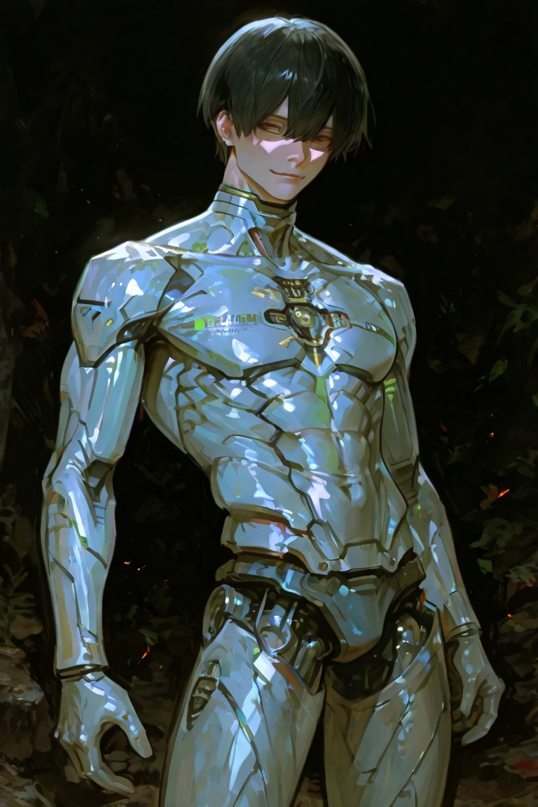 (score_9, score_8_up, score_7_up, score_6_up) BREAK (furry, source furry, uploaded on e621) BREAK robot, android, android skin, barcode tattoos on the body, (broken neck:1.2, damaged belly:1.2, damaged arms:1.2), cracked chest, solo, male, adult, nude, athletic, thin waist, white arctic fox, white fur, short messy dark blue hair, cute young face, talking, black mouth, canine teeth, blue robot eyes, hard nipples, loincloth armor, mechanical components, blue glowing mechanical parts, holster, gun, handgun, holding handgun, hand holding handgun, exploring, exploring the forest, forest, forest background, angry expression, looking away, BREAK good quality, best quality, high quality, high definition, hd, 4k, 8k, masterpiece, good proportion, perfect proportion, good anatomy, perfect anatomy