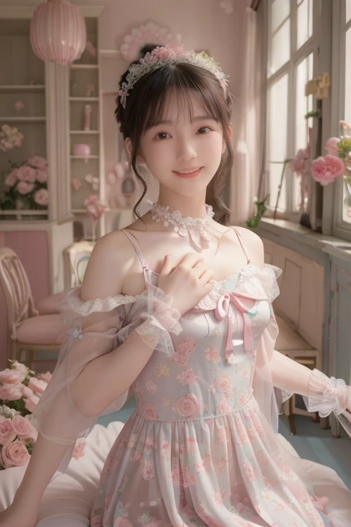 masterpiece、8k、32k、highest quality、20 years old、One Girl、elegant、(Detailed background depiction、Portrait:1.2)、White Dress、(balcony、Colorful balloons:1.3)、get up、Cowboy Shot、smile