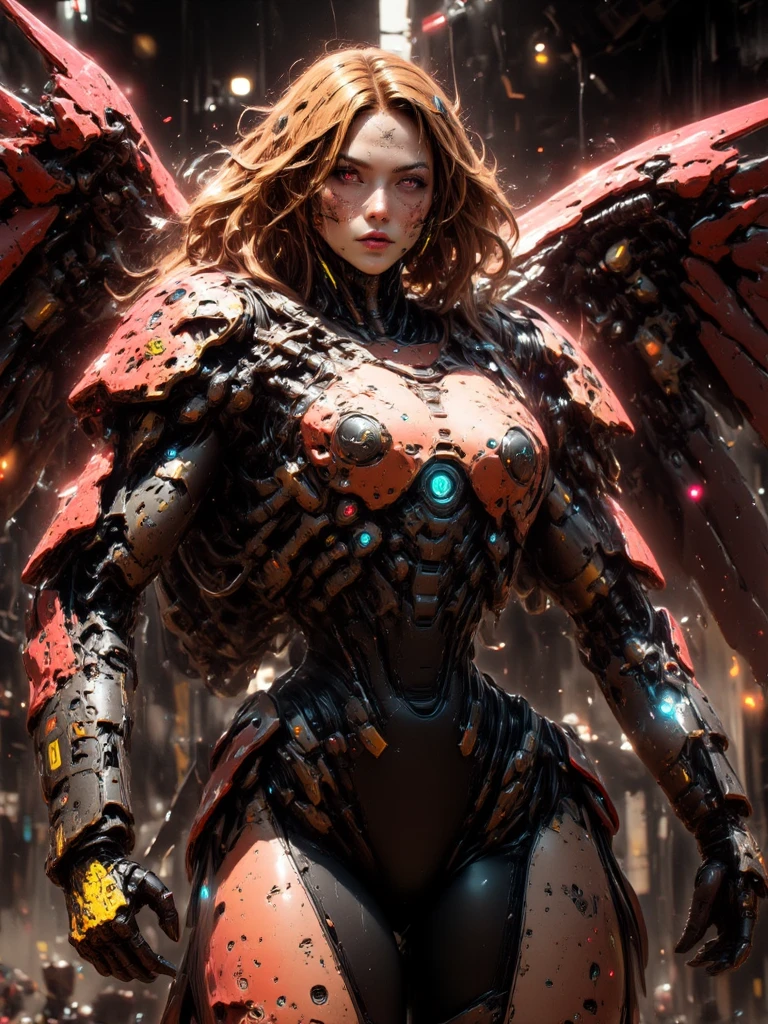 (8k, RAW photo, best quality, masterpiece:1.2), (realistic, photo-realistic:1.37), ultra high res, ultra-detailed ,full body, ((full-body shot)), woman, beautiful detailed eyes, beautiful detailed lips, professional lighting, photon mapping, radiosity, physically-based rendering, detailed symmetrical lips, extremely detailed eyes and face, symmetrical mouth, extremely detailed face, symmetrical eyes ,detailed eyebrows, extremely detailed eyes, beautiful detailed eyes, extremely detailed face , light on face, (full body), looking at viewer, ((red hair)), ((long hair)), ((fairy)), ((mecha suit)), ((neon mechanical fire wings)), ((cyberpunk)), ((legs)), ((energy core at centre of body)), ((fire sword)), _stardeaf-cold-arc_ ((octane render))