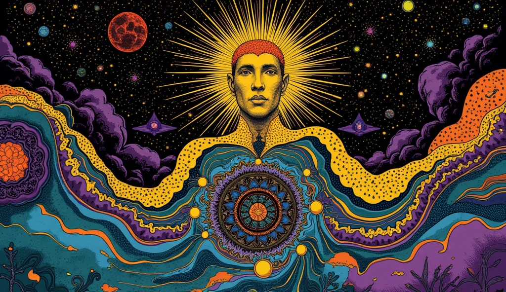 album cover with modern and minimalist frame, orange male human figure emerging from the blue sea and rising to the violet skies, yellow inca sun in the upper background, mountains in the lower background, swirly vibrant colors, psychedelic art,Latin American tribal aesthetic