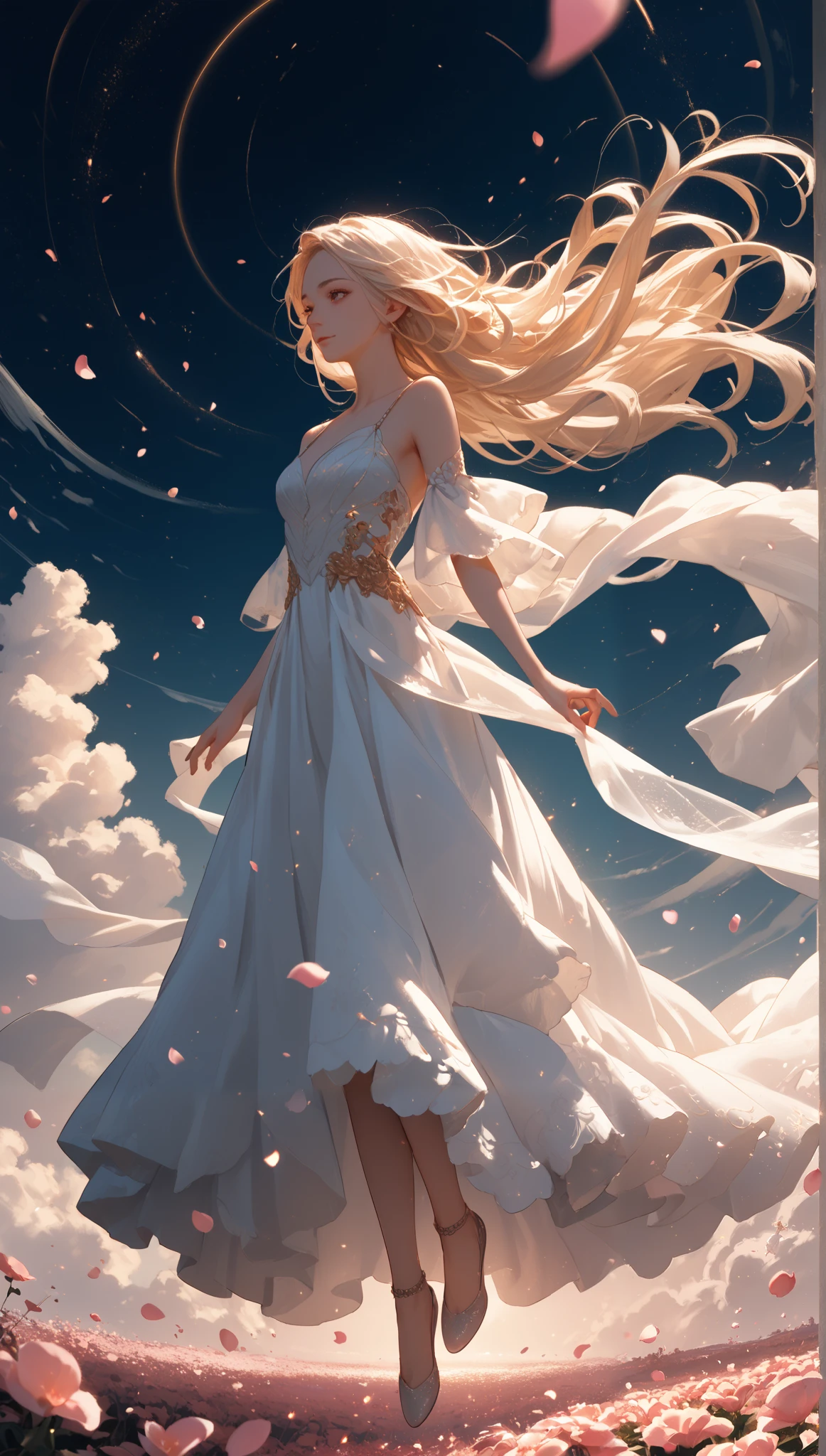 Floating in the Wind, A Beautiful Young Woman Suspended in Mid-Air, Long Flowing Hair and Dress Billowing Gracefully, Soft Breeze Carrying Petals Around Her, Glowing Particles Dancing in the Air, Ethereal Light Casting a Dreamlike Glow, Vast Sky with Wisps of Clouds, A Magical and Serene Atmosphere, Subtle Fantasy Elements, Elegant and Weightless Pose