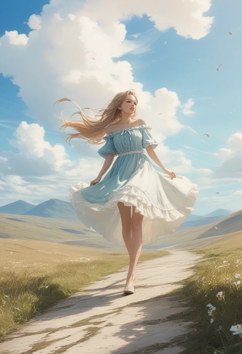 (8k, RAW photo, photorealistic:1.25), ( lip gloss, eyelashes, glossy side, shiny skin, best quality, ultra high resolution, depth of field, chromatic aberration, caustics, wide light, natural shadows, headwear, Kpop idol), (dreamy and romantic compositions: 1.5), light pink style, 1girl, (sky witch: 1.5), tall and thin beauty goddess, flowing dress, conservative girl, cloud goddess, flowing realistic fabric, wearing flowing dress, realistic, blue sky in background, (wind: 1.5), (full body: 1.5), add_detail,
