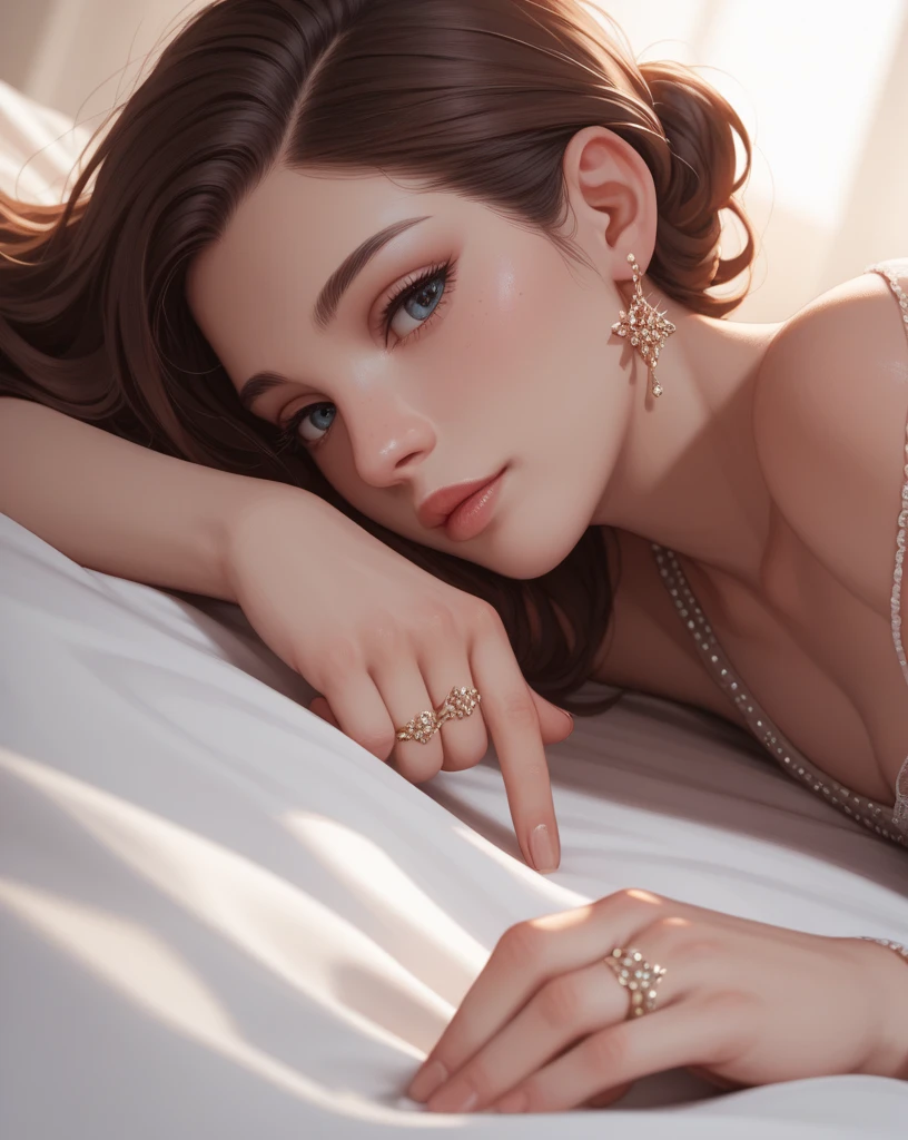A woman lies on the side of her stomach on a bed. She wears lingerie. A sleeping cat lies on her back. The room is designed in Art Nouveau style. There is a vase of roses on a table. A painting by Vincent van Gogh hangs on the wall.