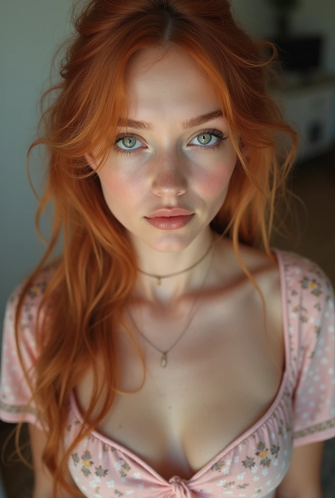 ((good quality)),((masterpiece)),((detailed)), 1 girl, home photography background, copper hair, without pollen, grey eyes, with freckles, busty, thick hips, long hair with waves, taking a selfie alone