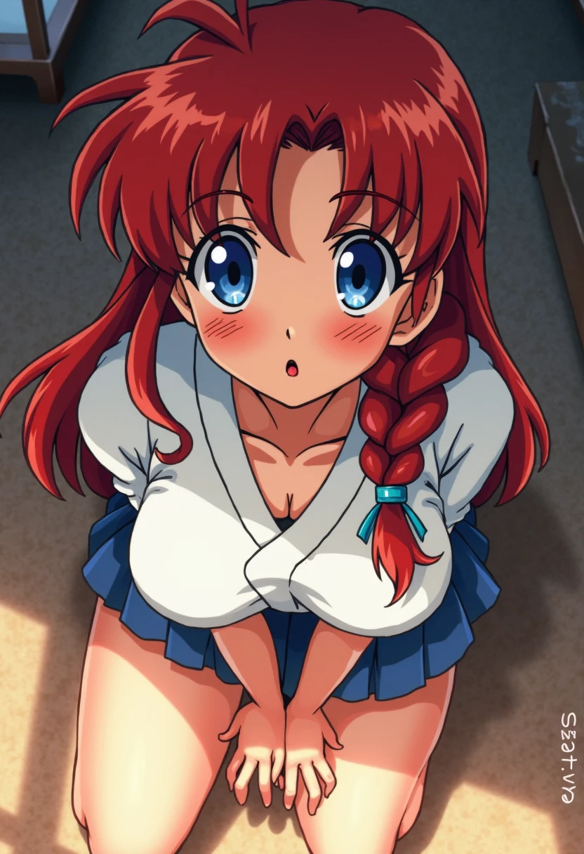 Anime girl with hair, 16 years old, perfect body, big breasts, red hair with a braid, beautiful lighting, blue eyes, beautiful legs, hair with a braid, anime style, Ranma Chan, Author Rumiko Takahashi, Based on the work of Rumiko Takahashi , Anime ranma 1/2, big breasts, robust hips, voluminous breasts, full body, ((nude)) vagina, full body, beautiful breasts ((Open legs)) ((Open vagina))