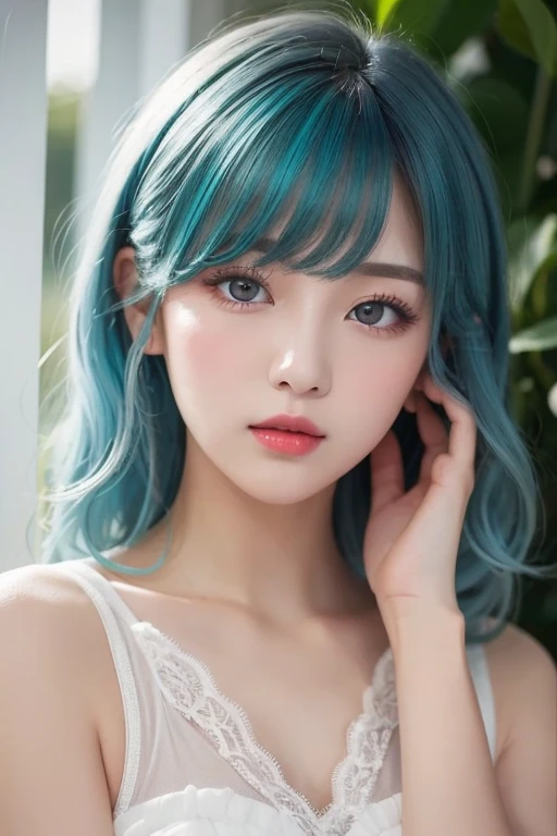 light blue hair, Turquoise eyes, Long eyelashes, Big red lips, Almond Eyes, beauty, Girlish feeling, curls, Princess
