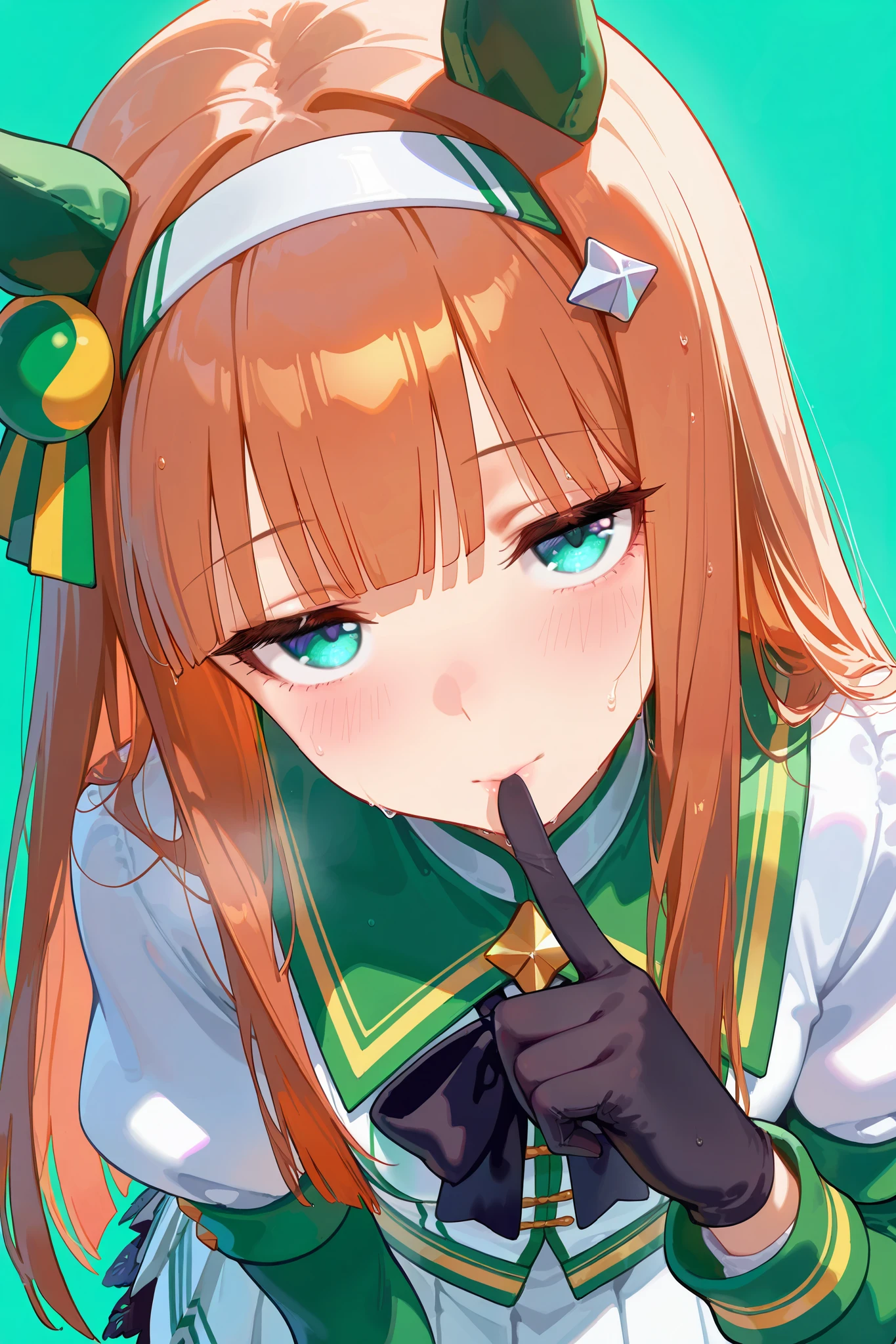 1girl,
silence suzuka (umamusume),nsfw, blush,(ultra detailed), ((masterpiece)),(best quality), (absurdres), (very aesthetic),((perfect hands)), ((detail body)),a masterpiece portrait of a woman with ultra detailed features, in 8K resolution, with crisp quality and vibrant colors,Trending on ArtStation, long_eyelashes/mascara,anime-style illustration,big eyes,shiny skin,jitome, wet eyes, upturned eyes, chin up ,close up, sweat,head tilt,
black gloves, white skirt, pleated skirt, black pantyhose, layered sleeves, puffy short sleeves, short over long sleeves, black bow, mismatched footwear, asymmetrical footwear,finger to mouth,green background,