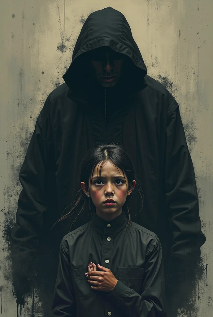 Creates a hooded man sitting with a doll on his legs with a dark, spooky background