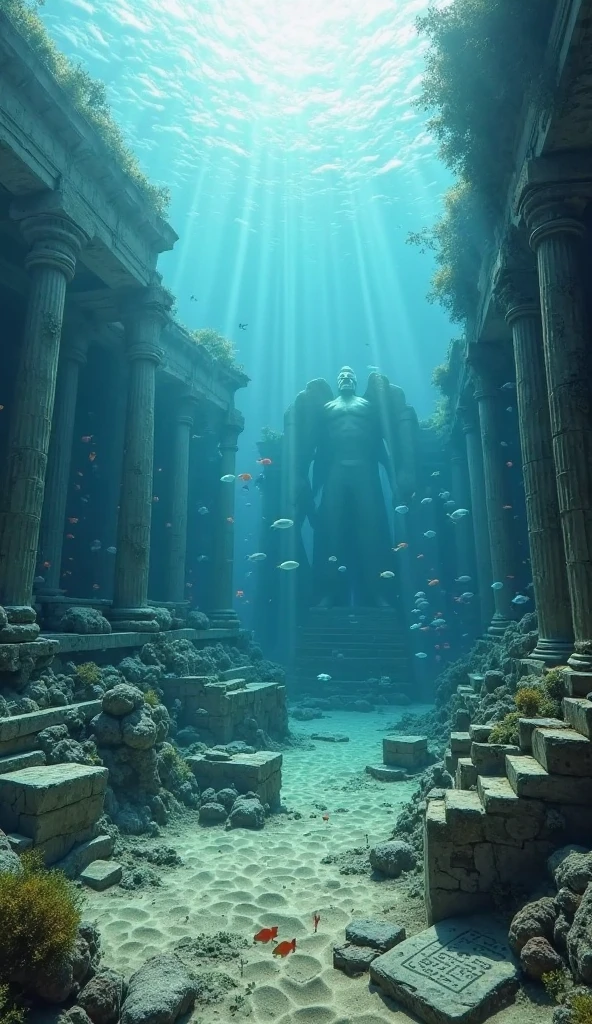The city of Atlantis under the sea, huge statue of Poseidon, abandoned, patina, seaweed, desolation, dark sea bottom, dead silence