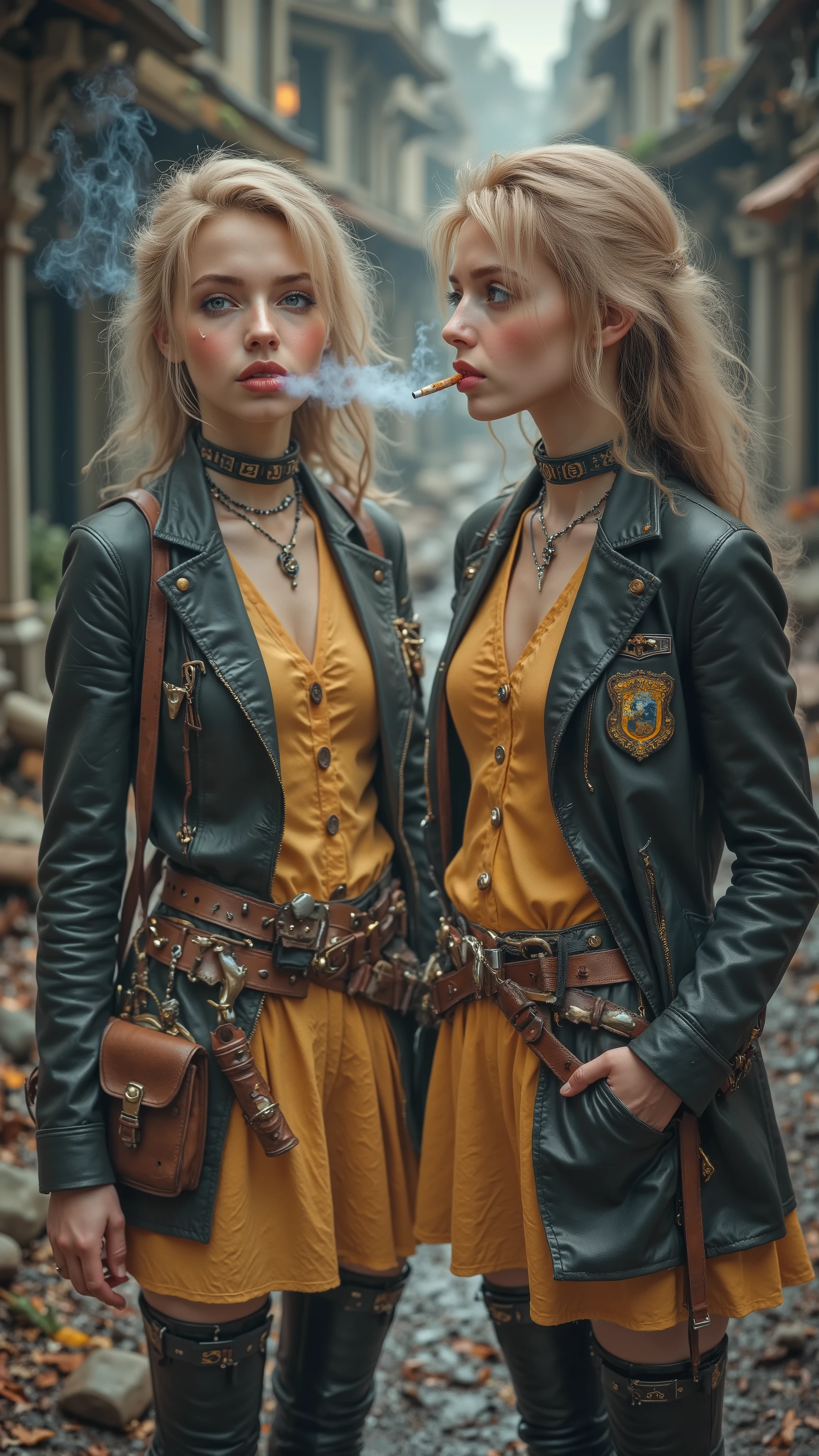 Blonde French women in Hufflepuff's uniform, black jacket, Hufflepuff yellow dress, leather belt with magical tools and potions hanging from it, adventurer, Explorer, smoking clove cigarette, cigarette held between lips, blowing smoke past the cigarette, identical twins, exploring outdoors in rough terrain