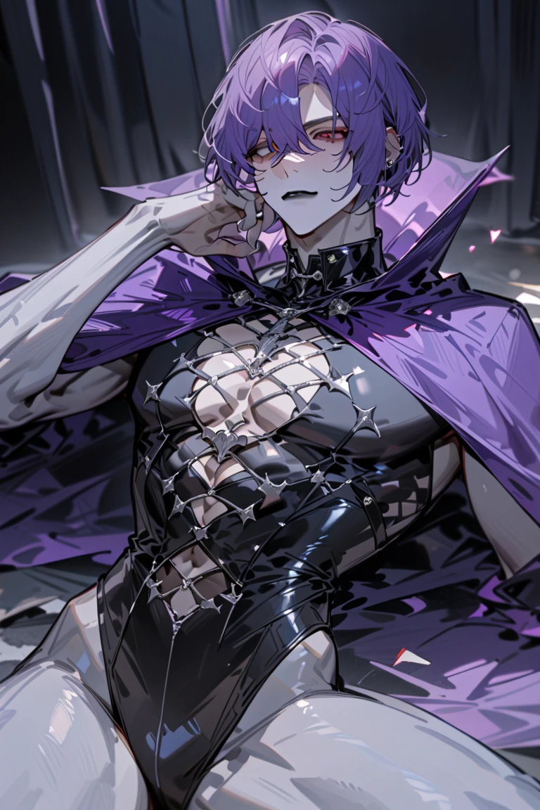 One boy, beautiful boy, masterpiece, best quality, smiling, fair skin, light purple hair, red pupils, corset, black robe, pants, sitting, chains, in the mist, anime