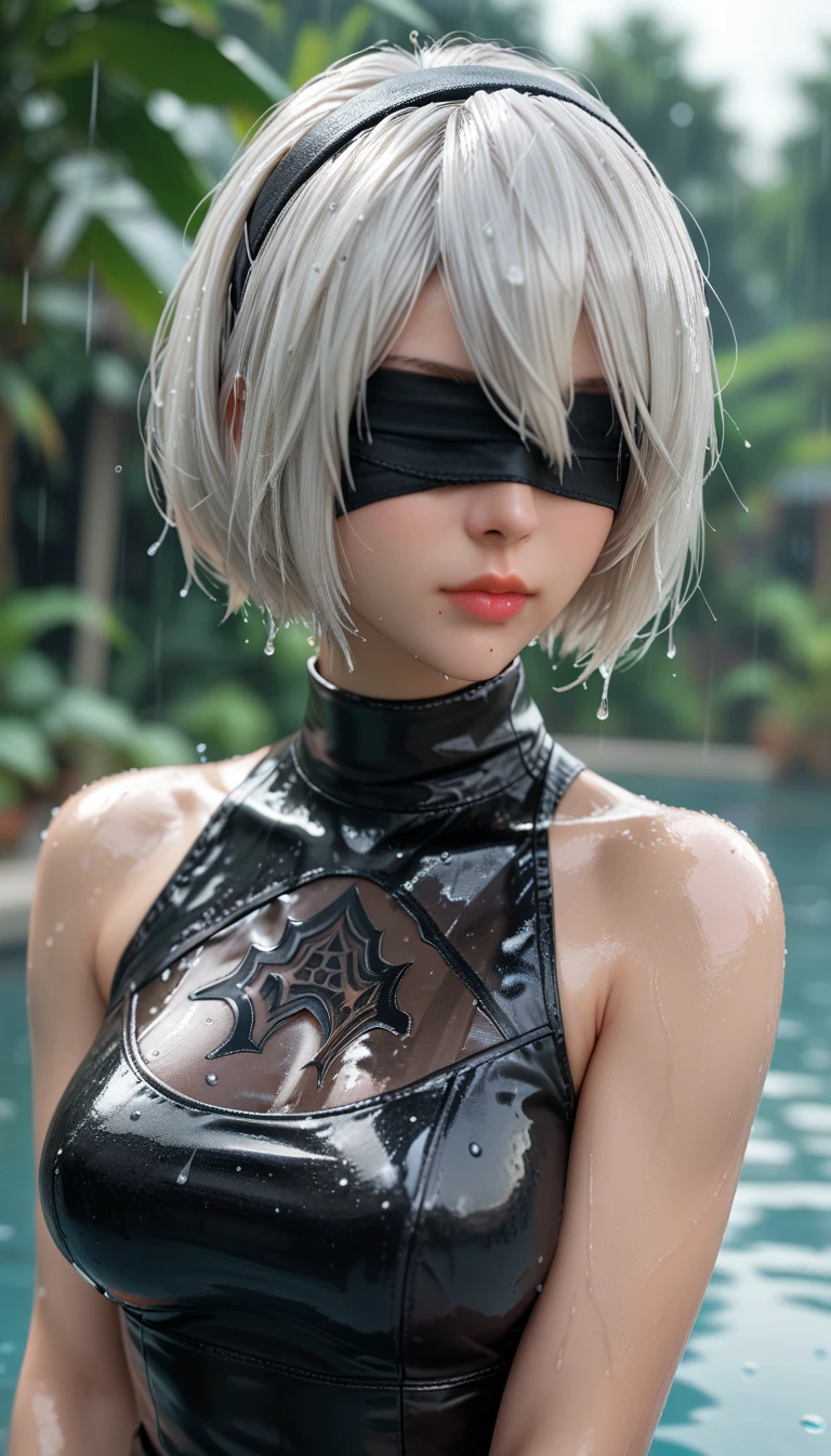 score_9, score_8_up, score_7_up,source_real, BREAK ultra HD quality details, sun, lens flare, background light, holy light, 1girl, 2b \(nier:automata\), solo, breasts, short hair, dress, bare shoulders, gigantic breasts, closed mouth, upper body, white hair, hairband, sleeveless, mole, blurry, black dress, lips, wet, depth of field, blurry background, turtleneck, black hairband, wet clothes, mole under mouth, facing viewer, rain, blindfold, wet hair, covered eyes, black blindfold, street, city, people,
