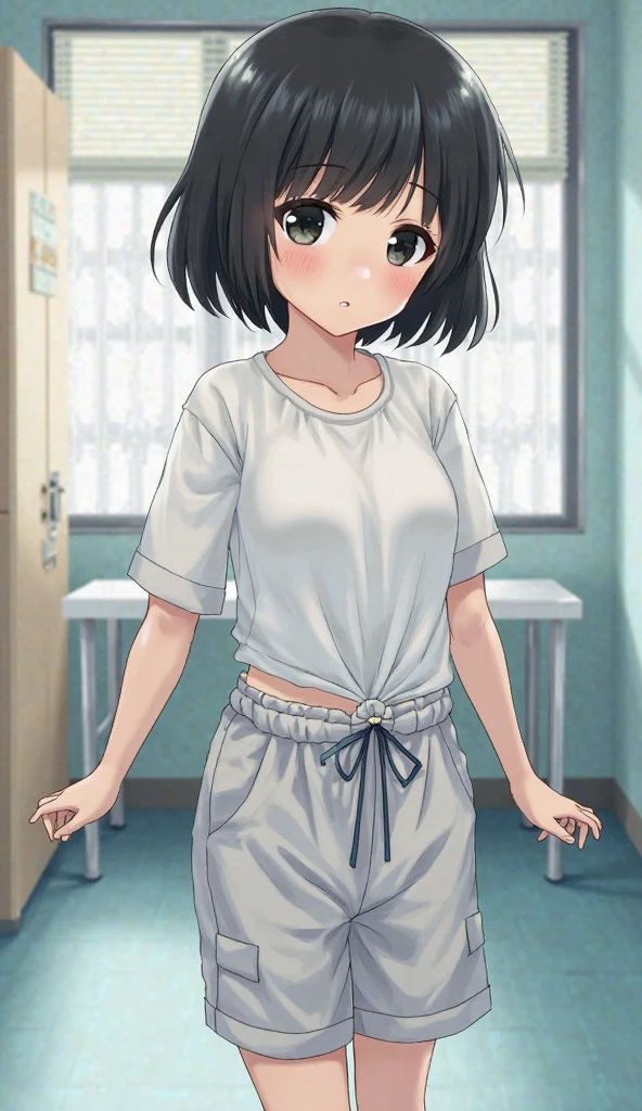 nsfw,Viewer Caution,1boy,suzune horikita, (Red eyes:1.3),locker room,Show the whole body,legs apart,Medium chest,Hair Ribbon,Upper body naked,White panties,((sweaty,Pussy line,wet))